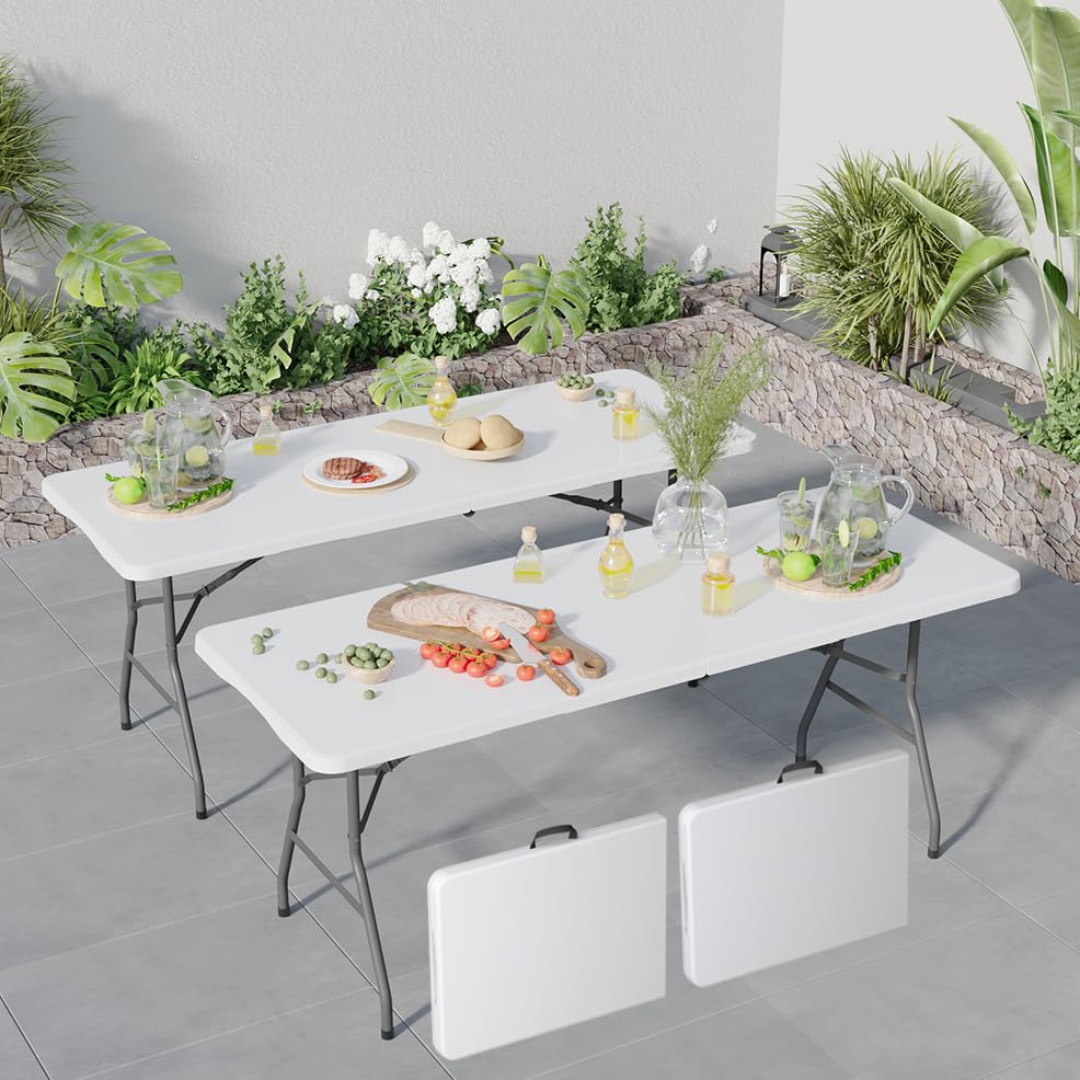 Linkriseed 6FT Folding Picnic Table for Outdoor, Portable, White Foldable Table for Camping, Parties, with Carrying Handle (Whit