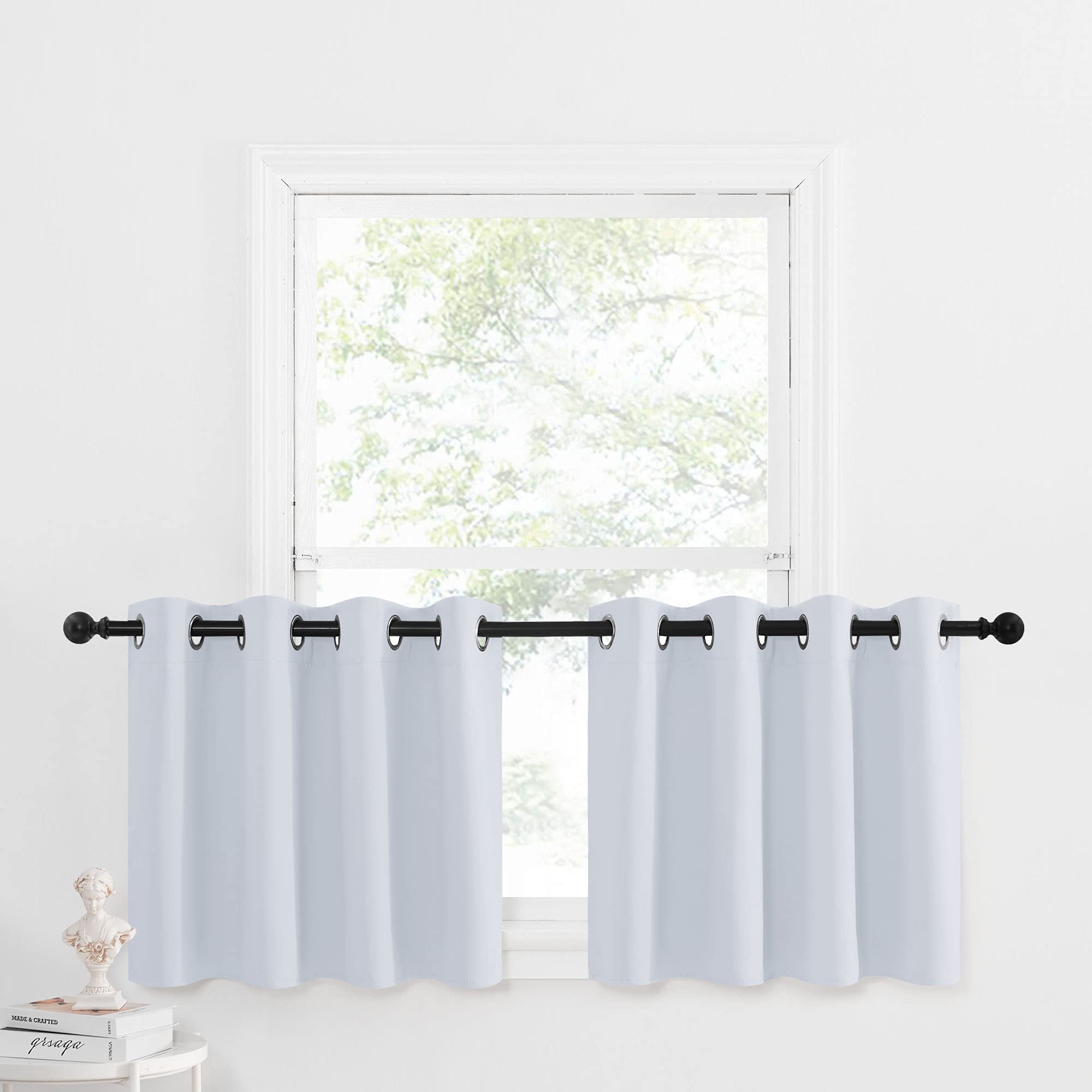 NICETOWN Greyish White Tiers Kitchen Curtains - Room Darkening Energy Efficient Kitchen Grommet-Top Curtain Panels for Short Bas