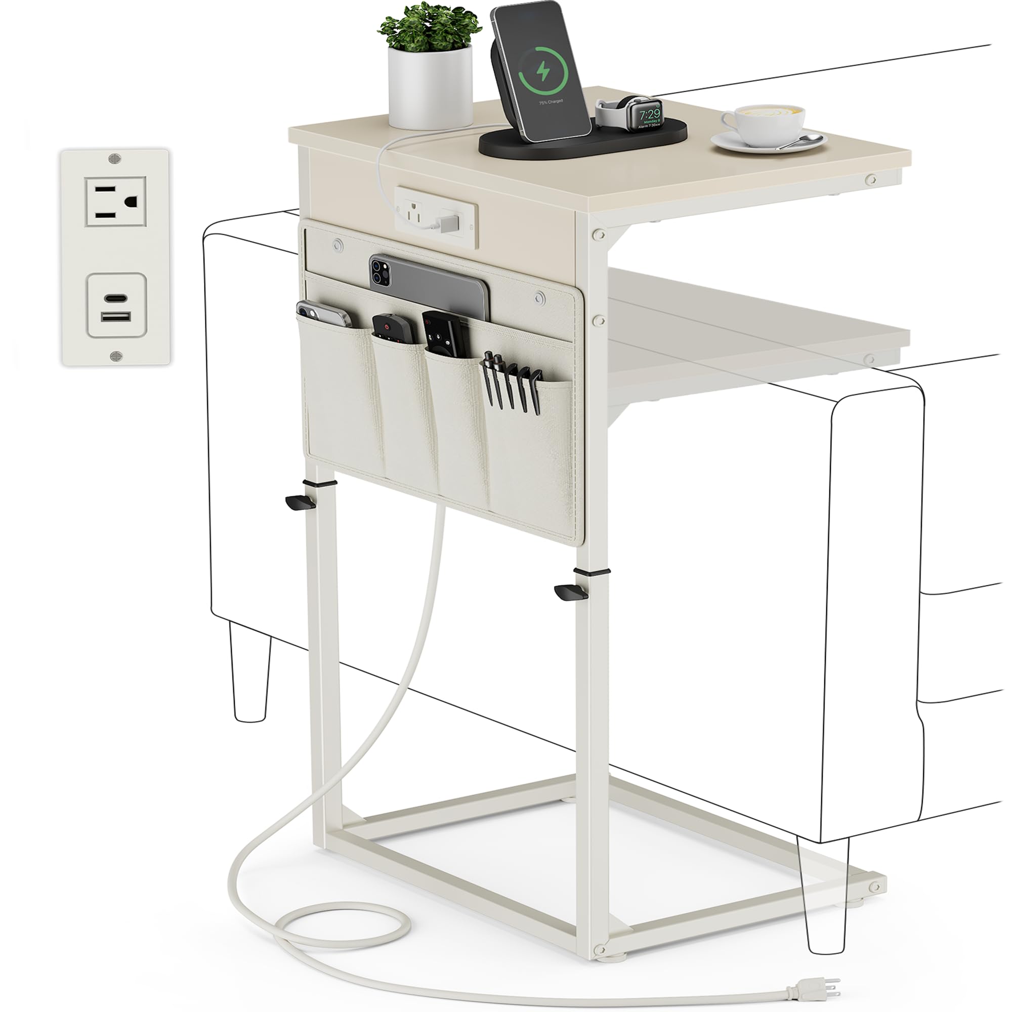 Vagusicc C Shaped End Table with Charging Station, 33 Tall Side Table for Couch, C Table Adjustable Height Small Couch Side Tabl