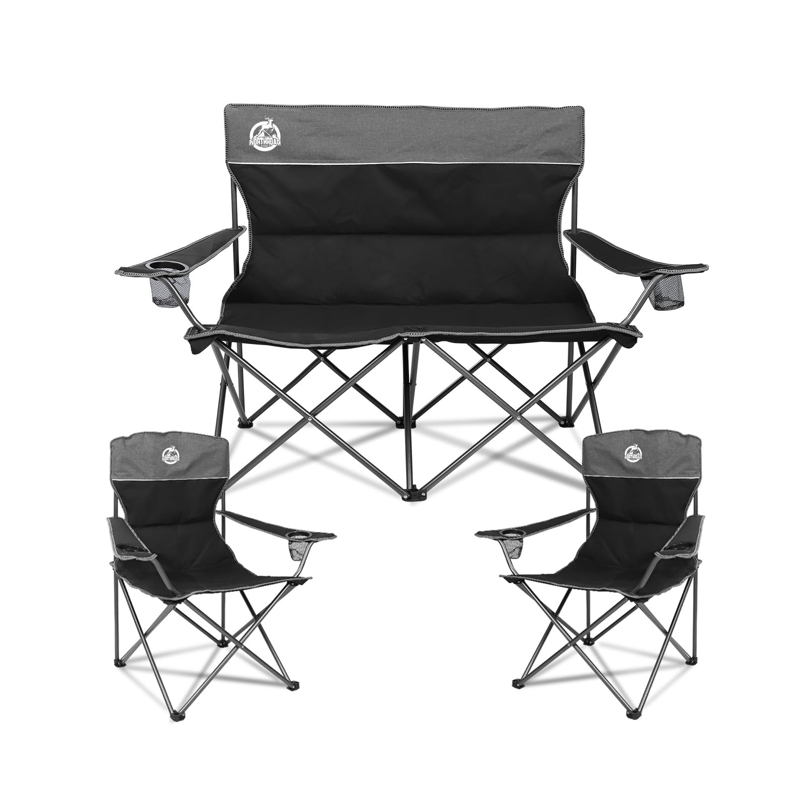 Northroad Outdoor Camping Chair Set of 3,Folding Padded Camp Chair w/1 Sofa,2 Single Chairs,Collapsible Conversation Set for Fam