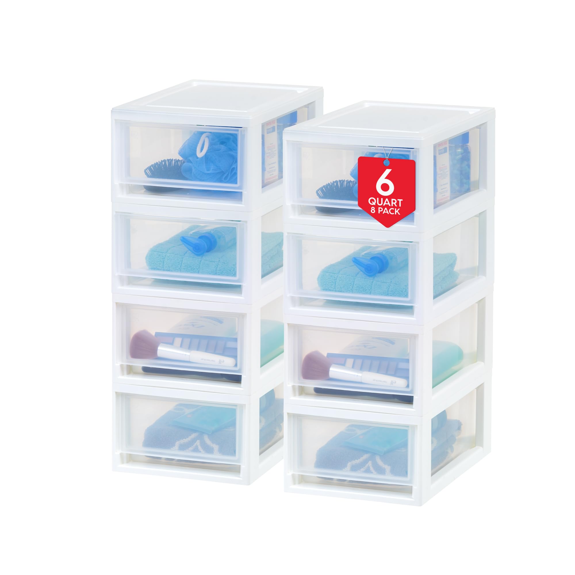 IRIS USA 6 Qt. Plastic Drawer Storage Organizer Stacking Drawers, 8-Pack, Stackable Unit with Sliding Drawer for Clothes Bedroom