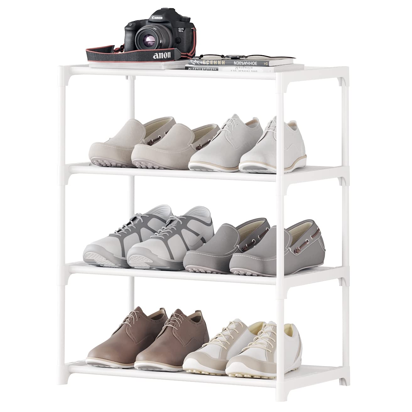 Hockmez 4-Tier Small Shoe Rack .Stackable Shoe Shelf Storage Organizer for Entryway Hallway Closet Bathroom Living Room (1-White