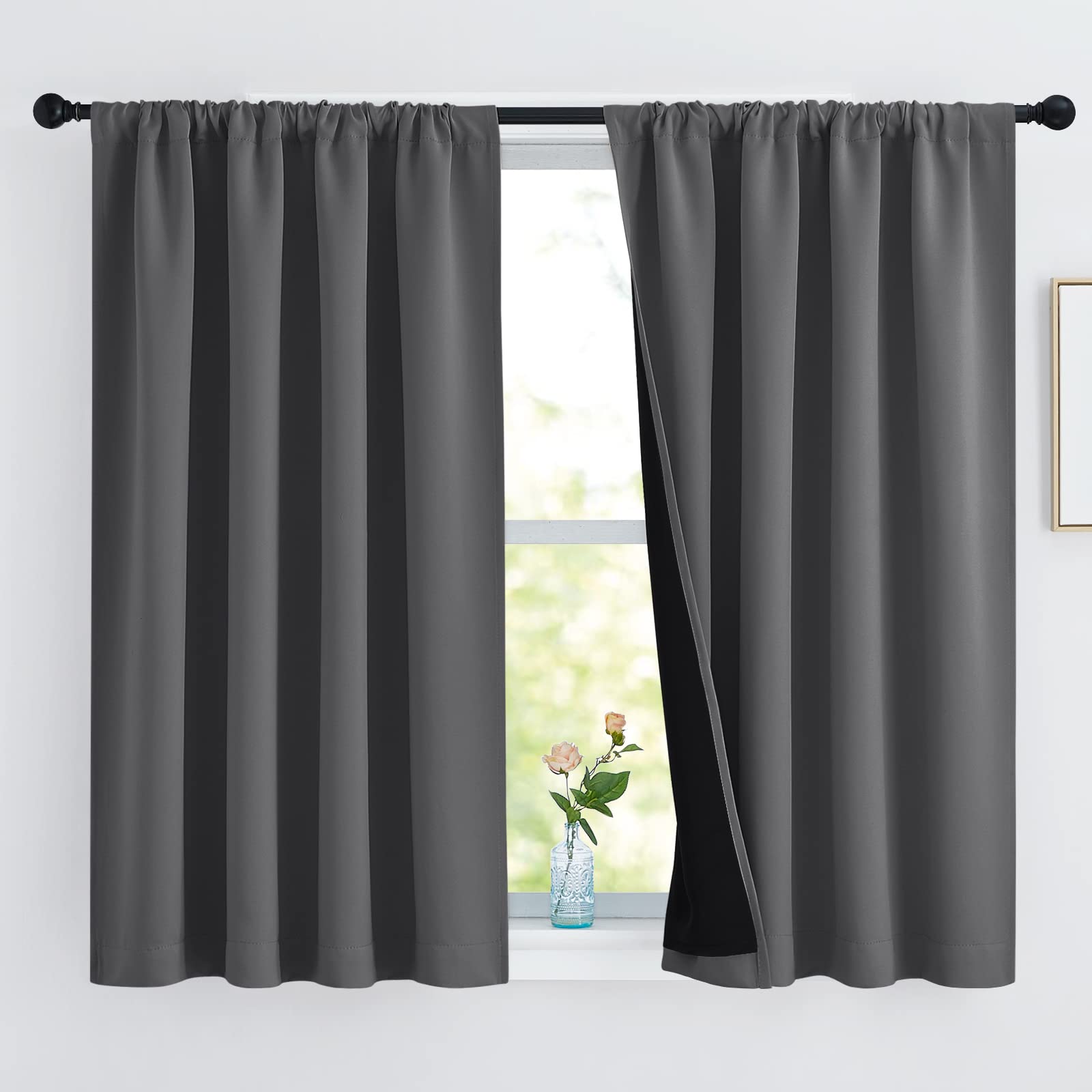 NICETOWN 100% Blackout Curtains with Black Liners, Thermal Insulated Rod Pocket Full Blackout 2-Layer Lined Drapes, Noise Reduci