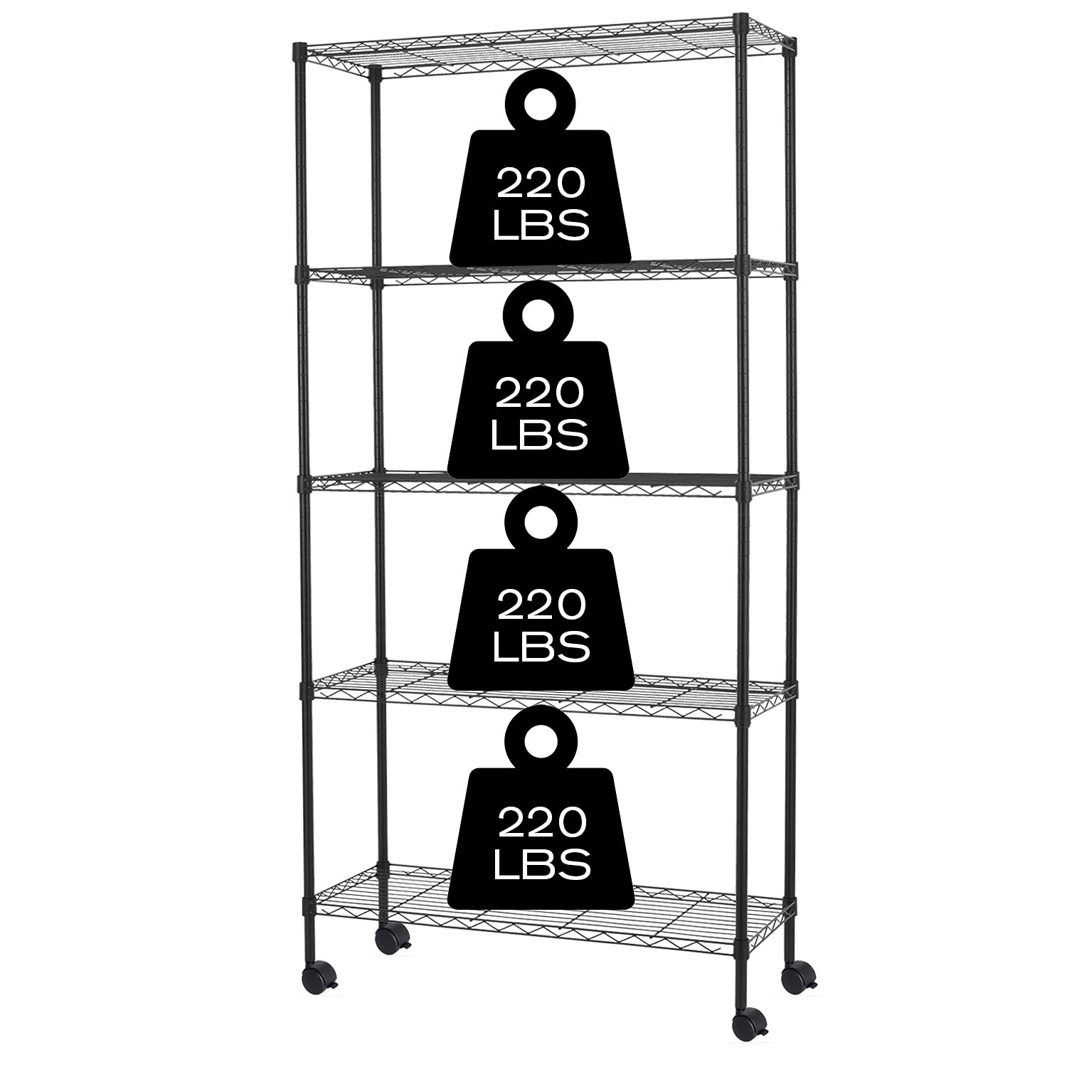 5-Tier Shelving Unit Storage Shelves with Wheels Heavy Duty Metal Rack NSF Height Adjustable for Laundry Bathroom Kitchen Garage