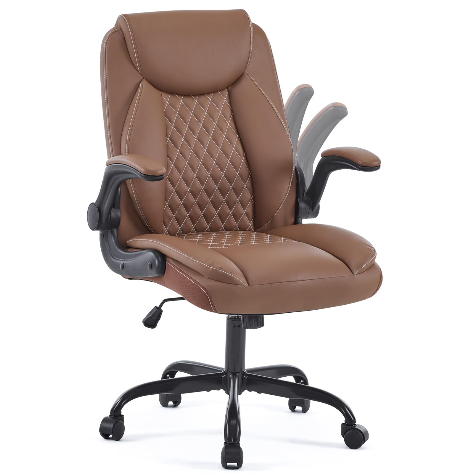 YFO Leather Office Ergonomic Home Office Desk Chair, Back Support Swivel Executive Office Chair with Wheels and Flip-Up Armrests