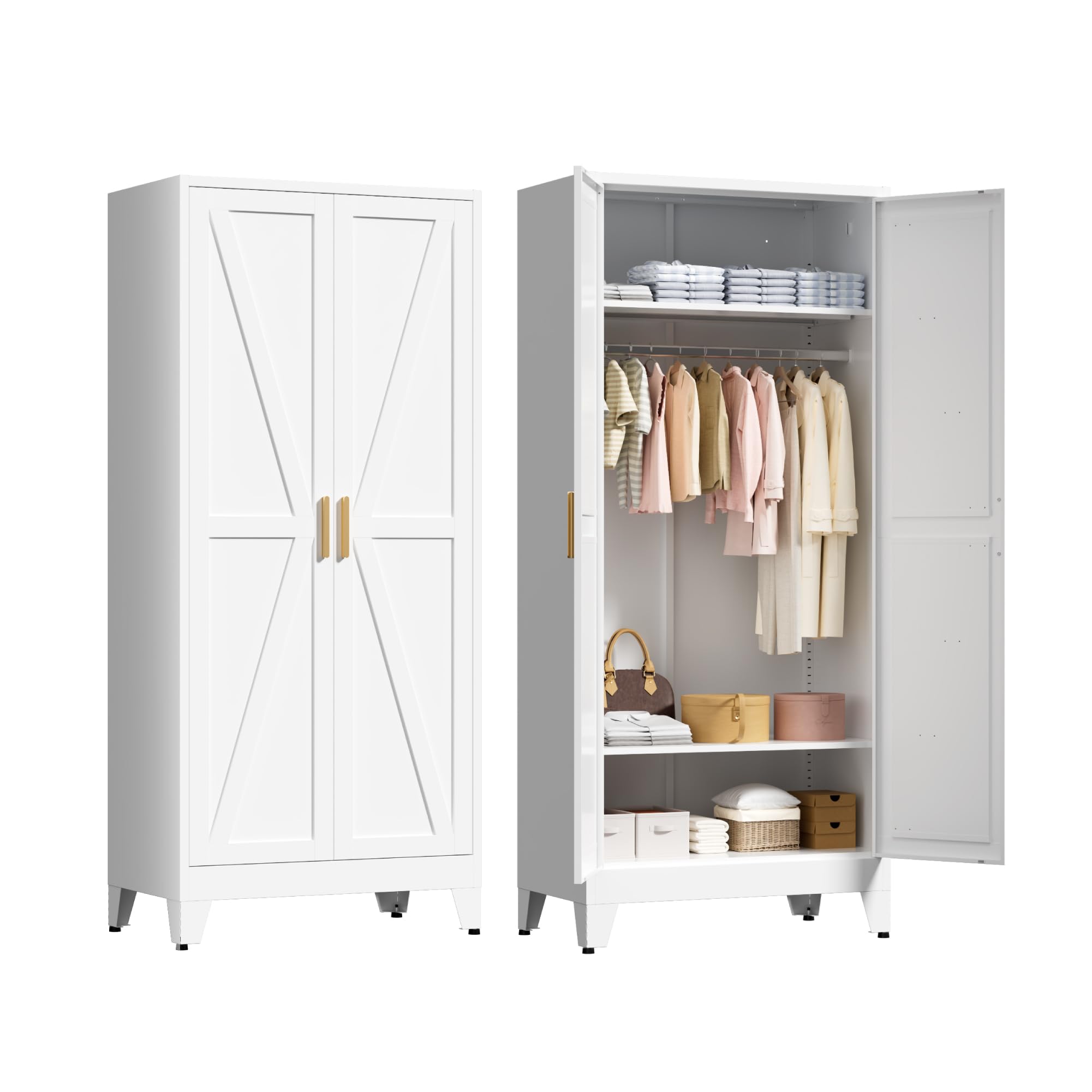 LCAOPC 71 Tall Metal Wardrobe Closet with Adjustable Shelves and Hanging Rod, 2 Doors Free Standing Armoire Wardrobe Cabinet for