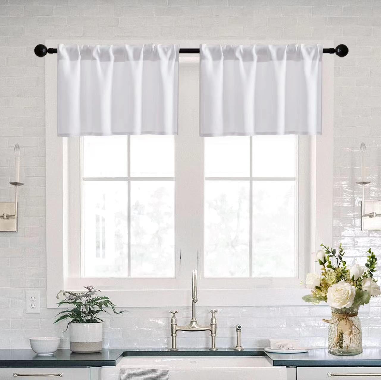 XTMYI 2 Pack White Valance,Rod Pocket Waterproof Room Darkening Kitchen Window Curtain Valances,40 Wide by 12 Inch Length