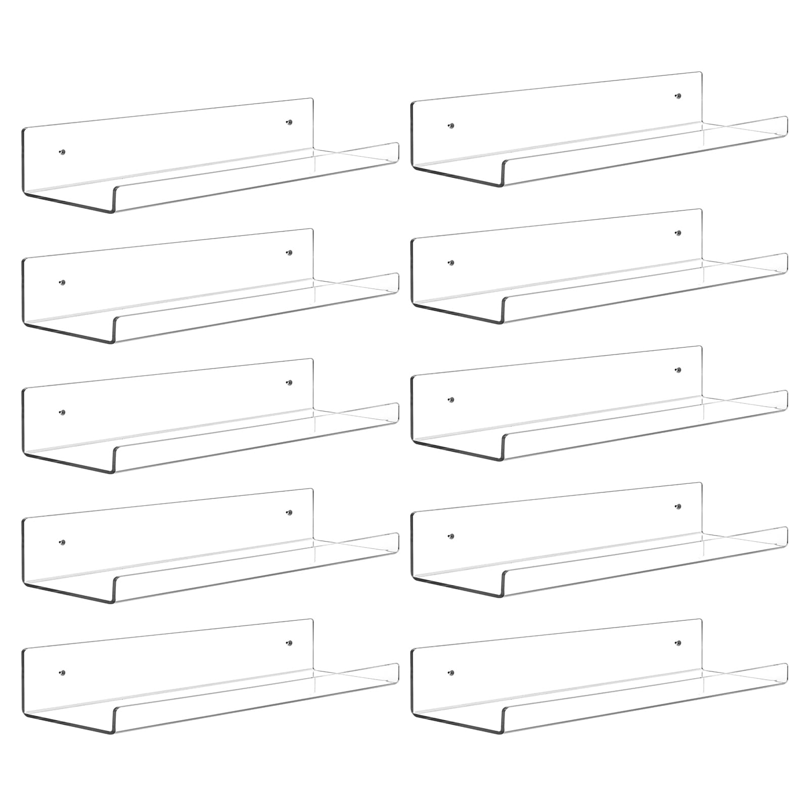 Dezzer 10 Pack Acrylic Shelves for Wall, 15 Clear Acrylic Floating Shelves for Bathroom Bedroom, Invisible Bookshelf Wall Ledge 