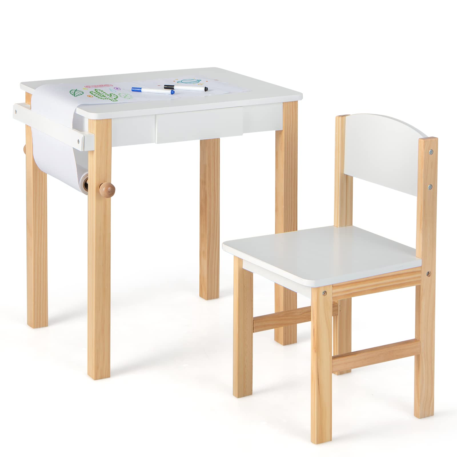 HONEY JOY Kids Table and Chair Set, Wooden Desk & Chair with Drawer, Paper Roll Holder & 2 Marker Pens, Activity Table Set for C