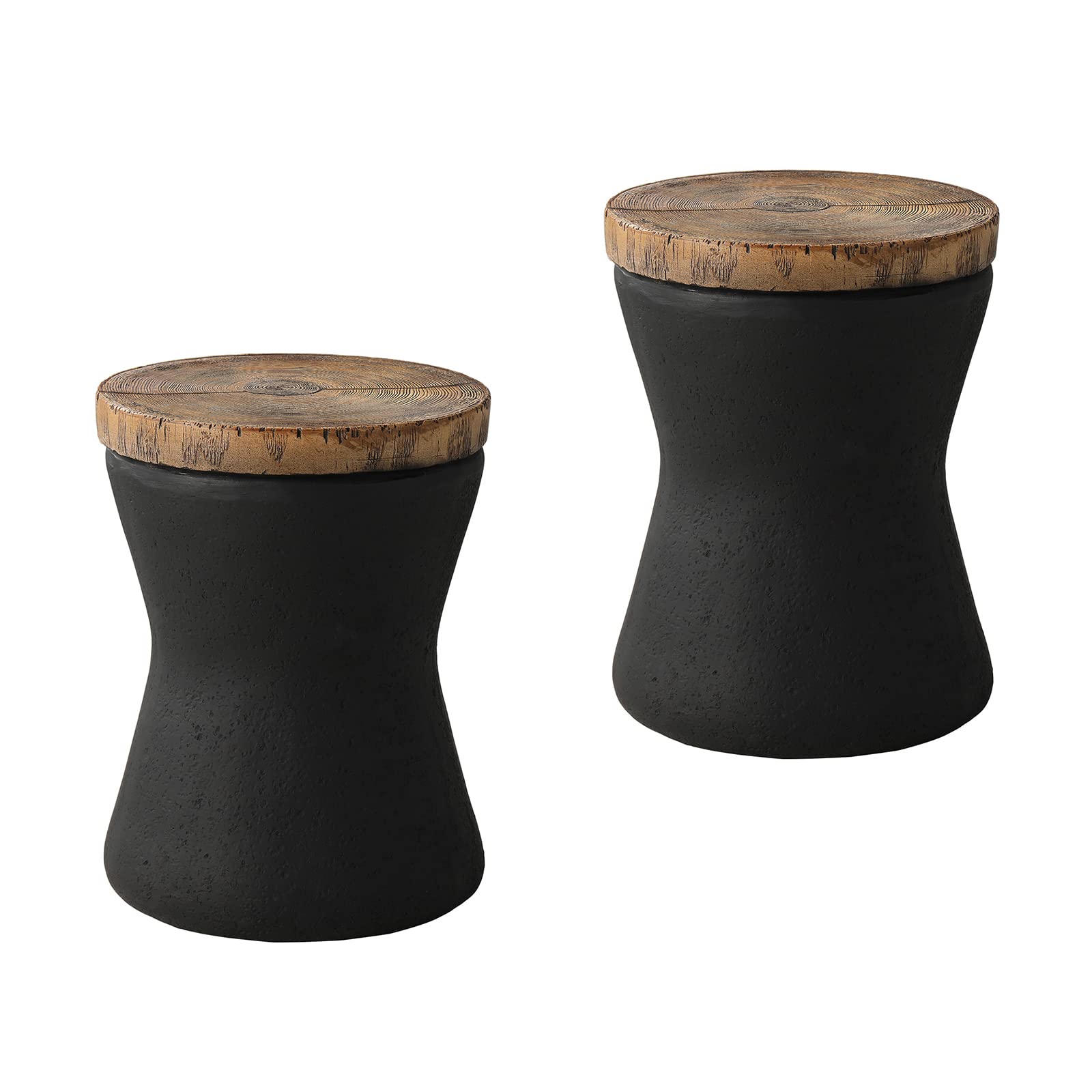 COSIEST 2 Pieces Outdoor End Table, Set of 2 Drum Side Table Faux-Wood Top, Black Base with Tree Trunk Slice Hand Painted, Accen