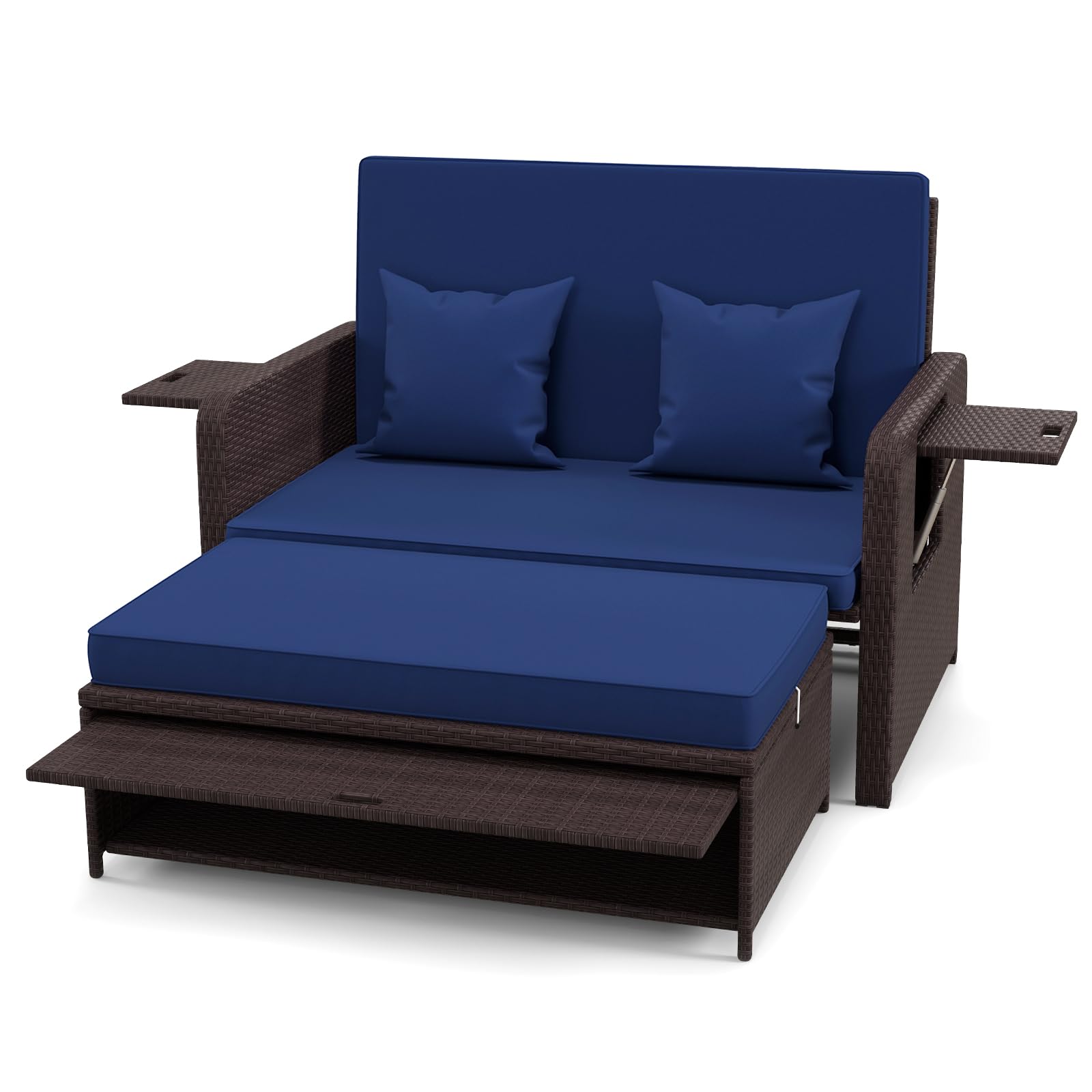 RELAX4LIFE Wicker Patio Outdoor Daybed - Rattan Day Bed Lounger with Loveseat & Storage Ottoman, Sunbed Sofa Set w/Cushions, 4-L