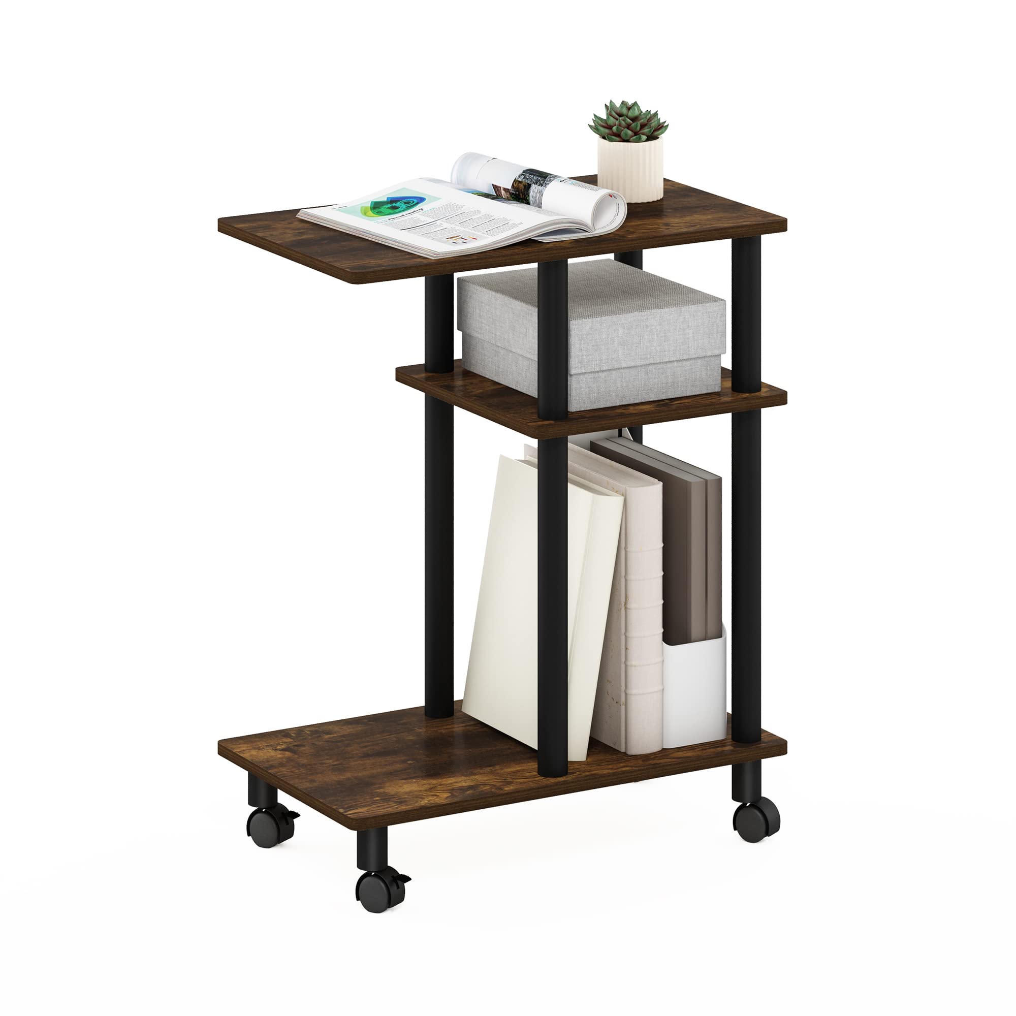 Furinno Turn-N-Tube C Shaped Side Table with Casters, Amber Pine/Black