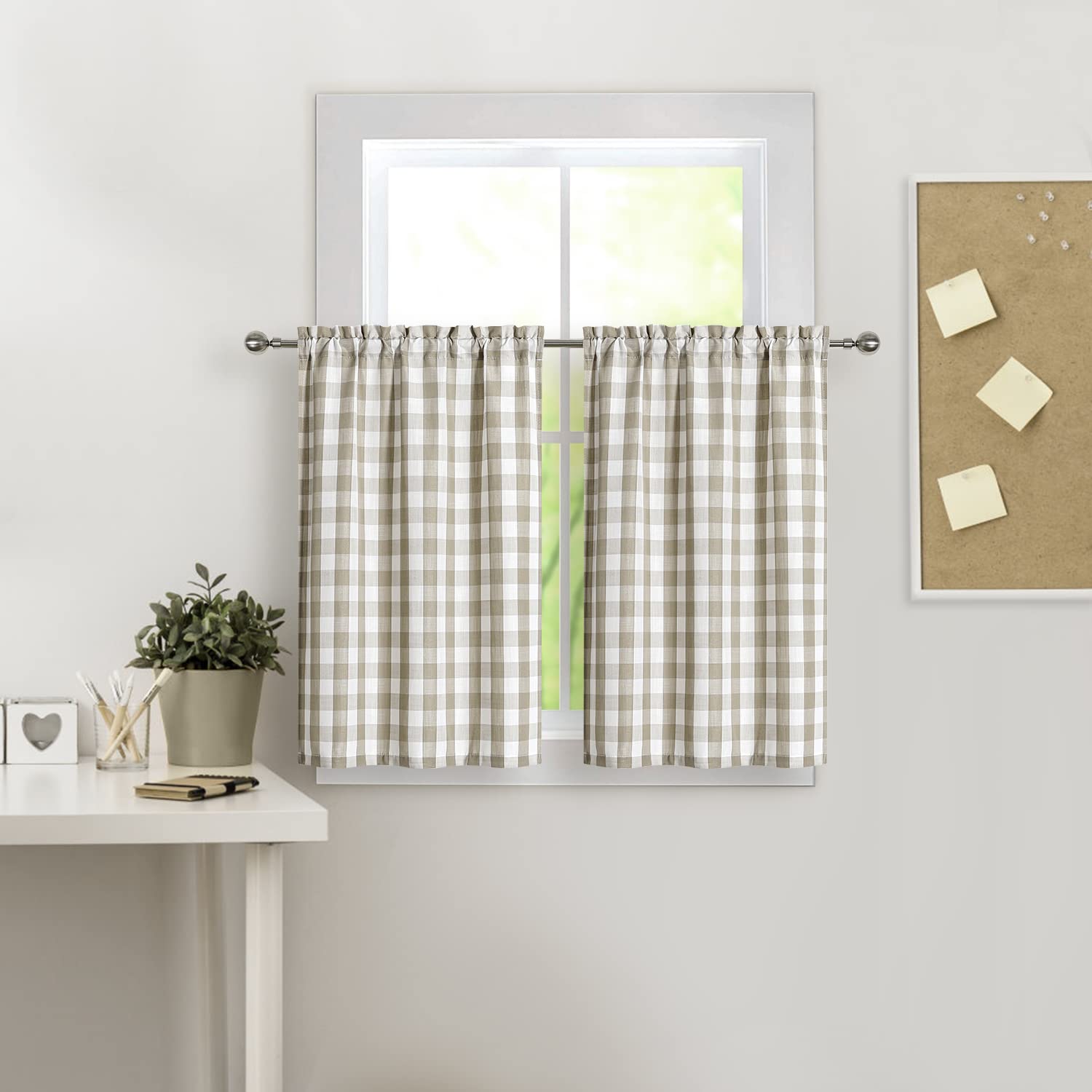 Amzdecor Linen Buffalo Check Tier Curtains for Kitchen, Patriotic Buffalo Plaid Gingham Rod Pocket Cafe Bathroom Curtain, Short 