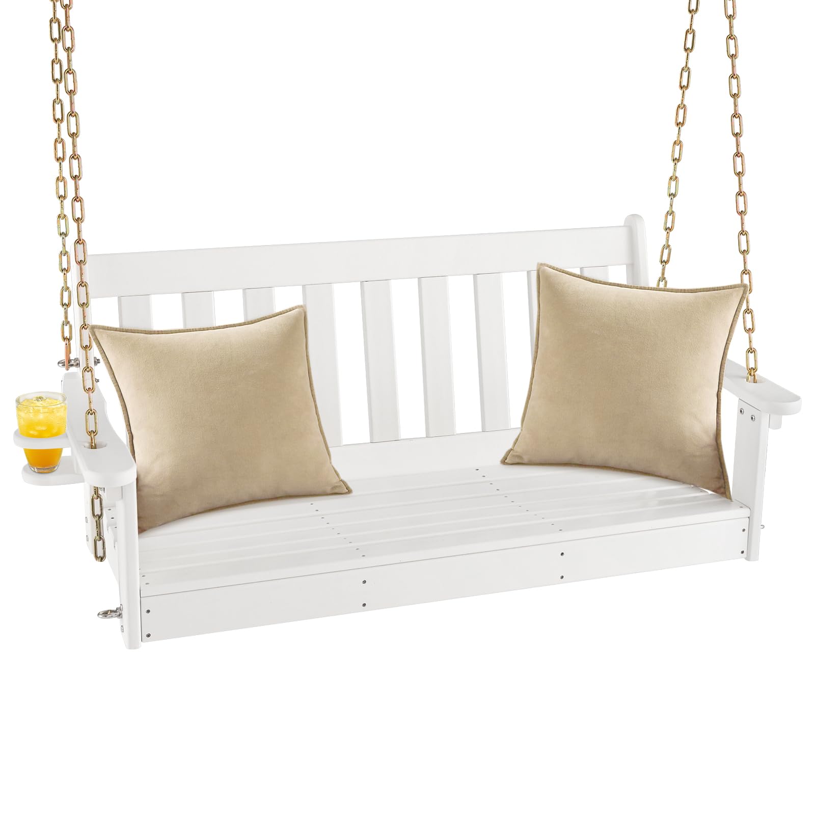 Tangkula 2 Person Hanging Porch Swing, Outdoor Bench Swing with Adjustable Chains, Hidden Cup Holder, HDPE Tree Swing Chair for 