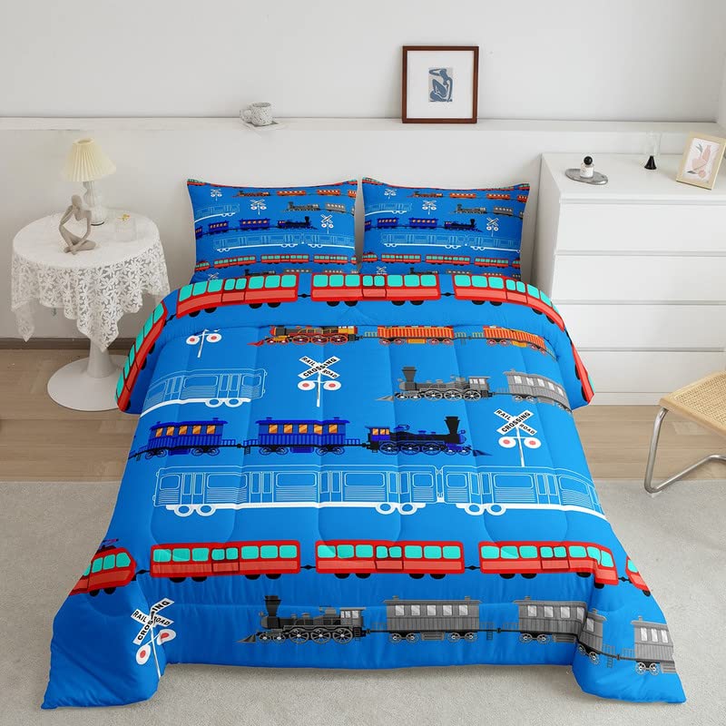 Feelyou Cartoon Car Comforter Set for Kids Boys Girls Vintage Car Comforter Train Bedding Set Decor Retro Steam Train Blue Light