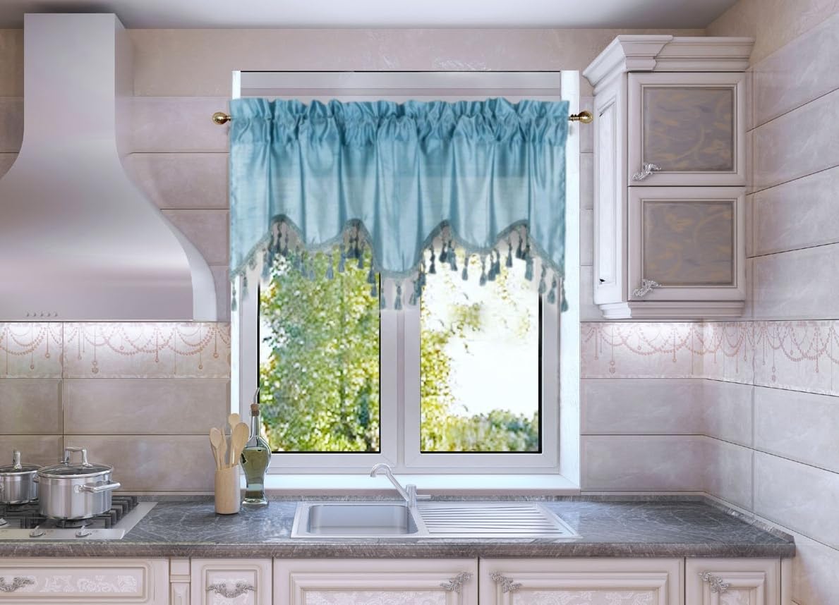 Solid Faux Silk Swag Waterfall Cascade Ascot Window Curtain Valance w/Tassels Trim 55  x18  Wave (1, Light Blue)