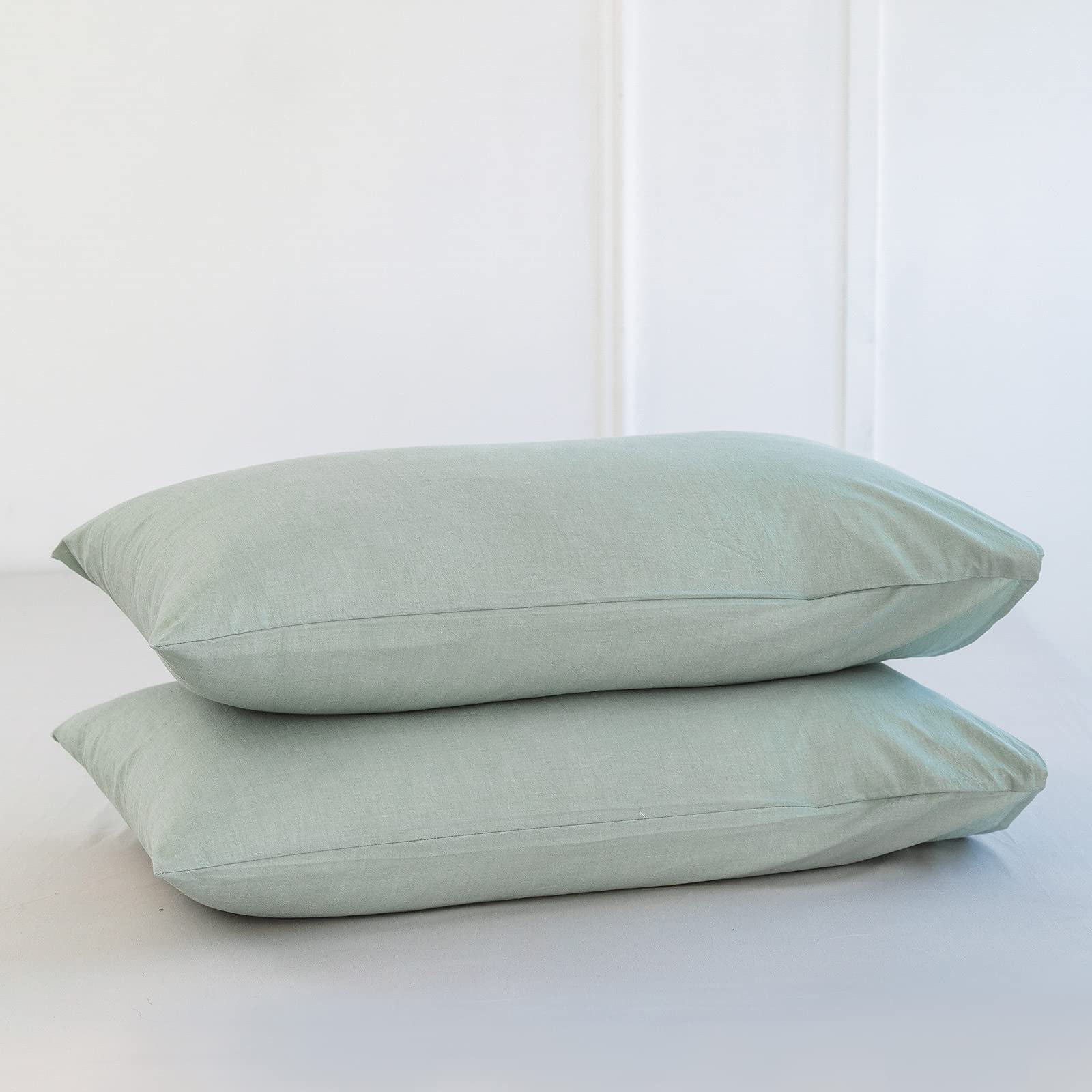 MooMee Bedding Pillowcases Pack of 2 100% Washed Cotton Linen Like Textured Breathable Durable Soft Comfy (Sage Green, Standard)