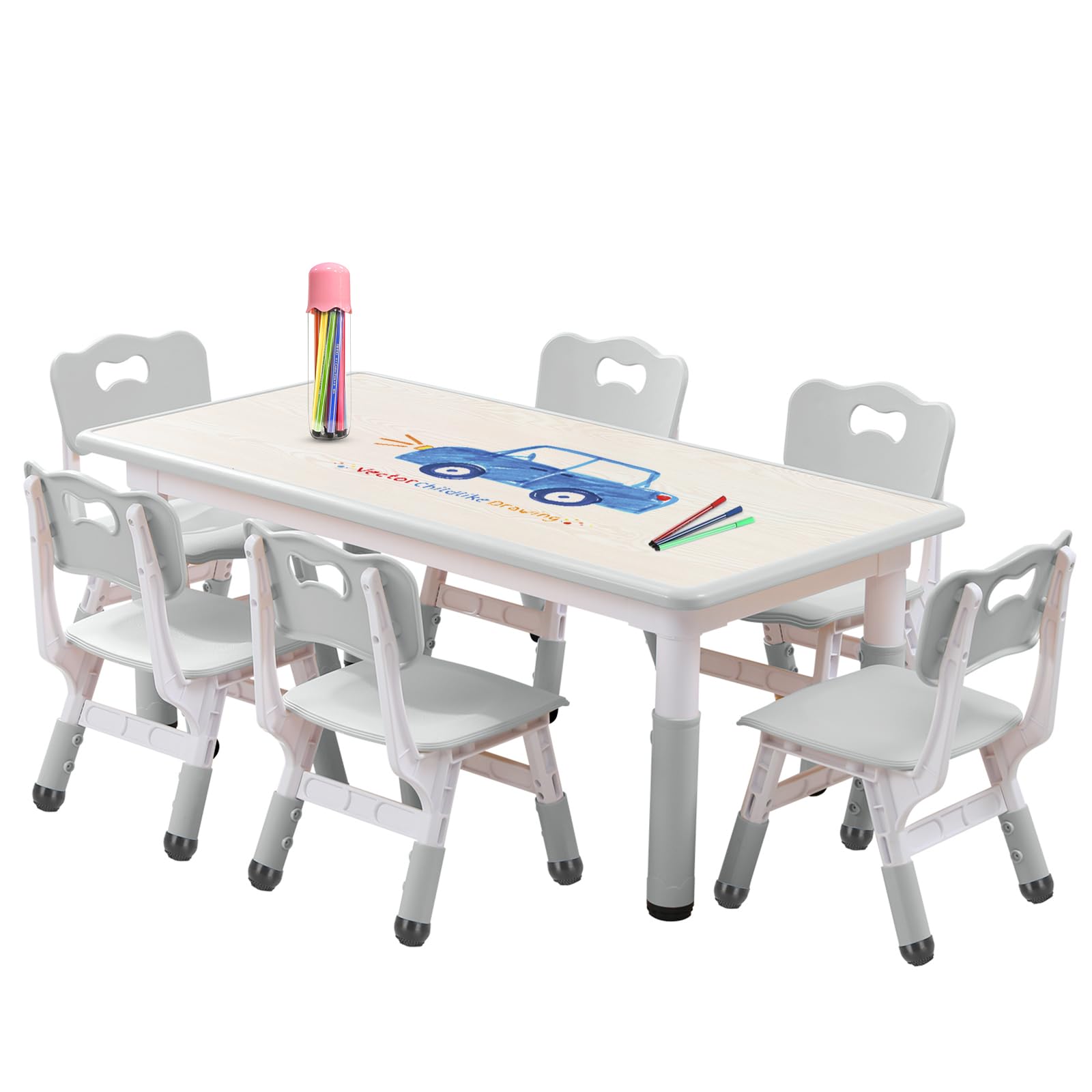 Kids Table and Chairs Set, Height Adjustable Desk With 6 Seats for Ages 2-12,Arts & Crafts Table,Graffiti Desktop, Non-Slip Legs