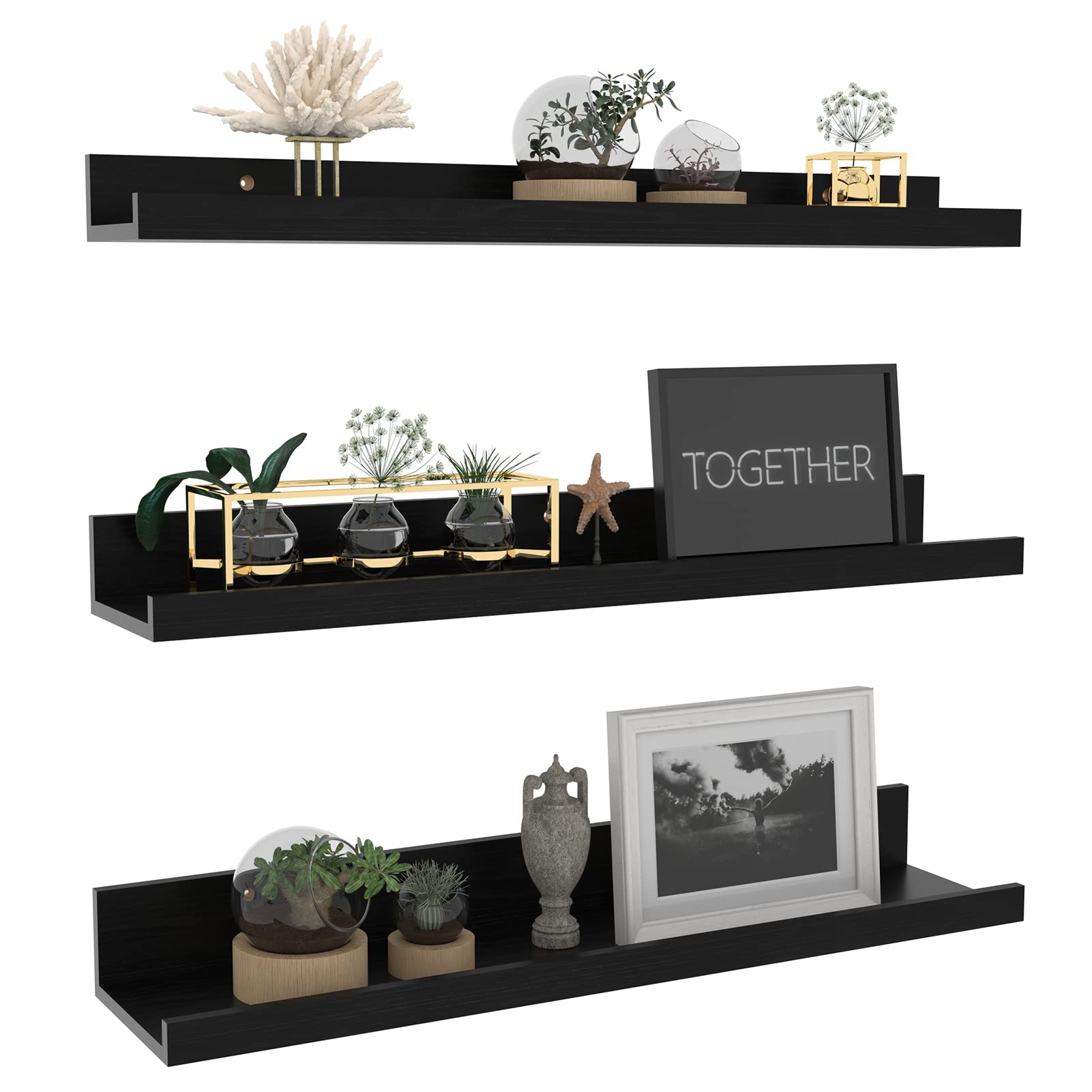 Giftgarden 24 Inch Black Floating Shelves Wall Mounted Woodgrain Picture Ledge Shelf for Storage Bedroom Bathroom Kitchen Living