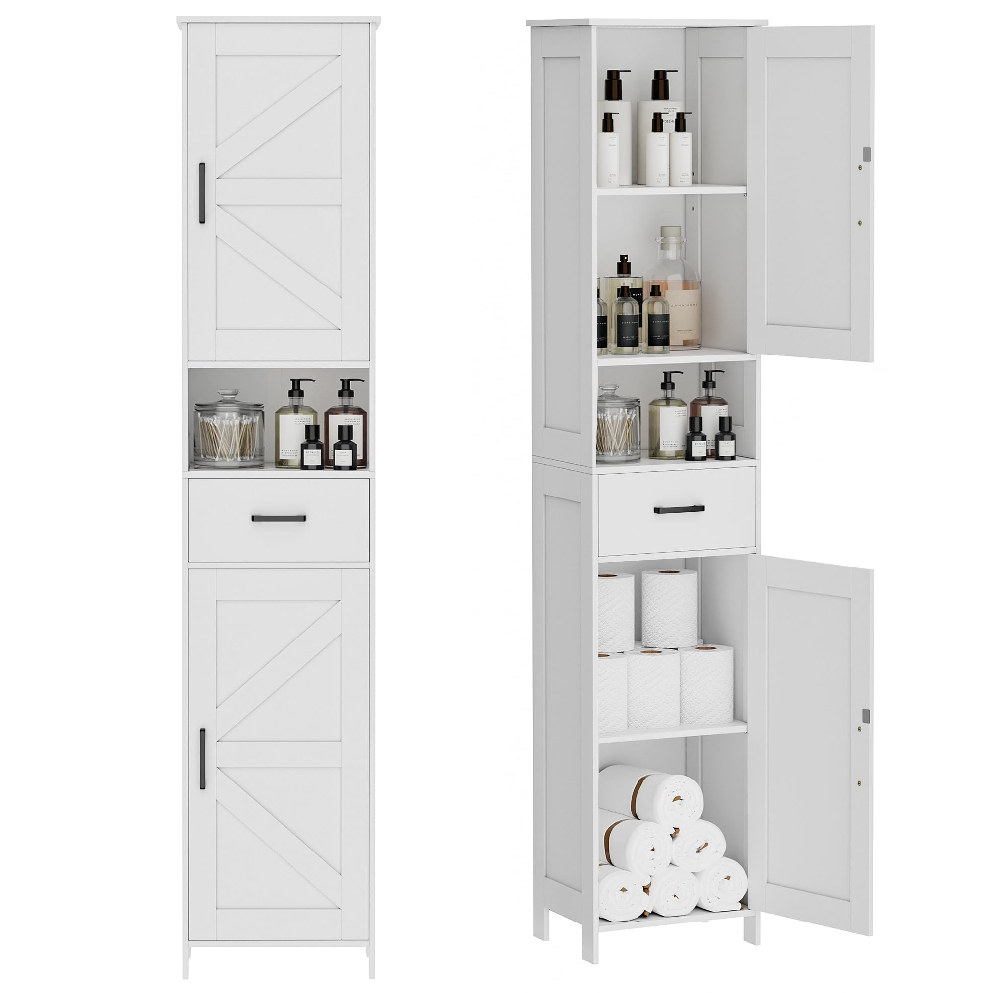 Homhedy 67 H Tall Bathroom Storage Cabinet with 2 Barn Doors and 1 Drawer, Narrow Storage Unit, Adjustable Shelves, Floor Cabine