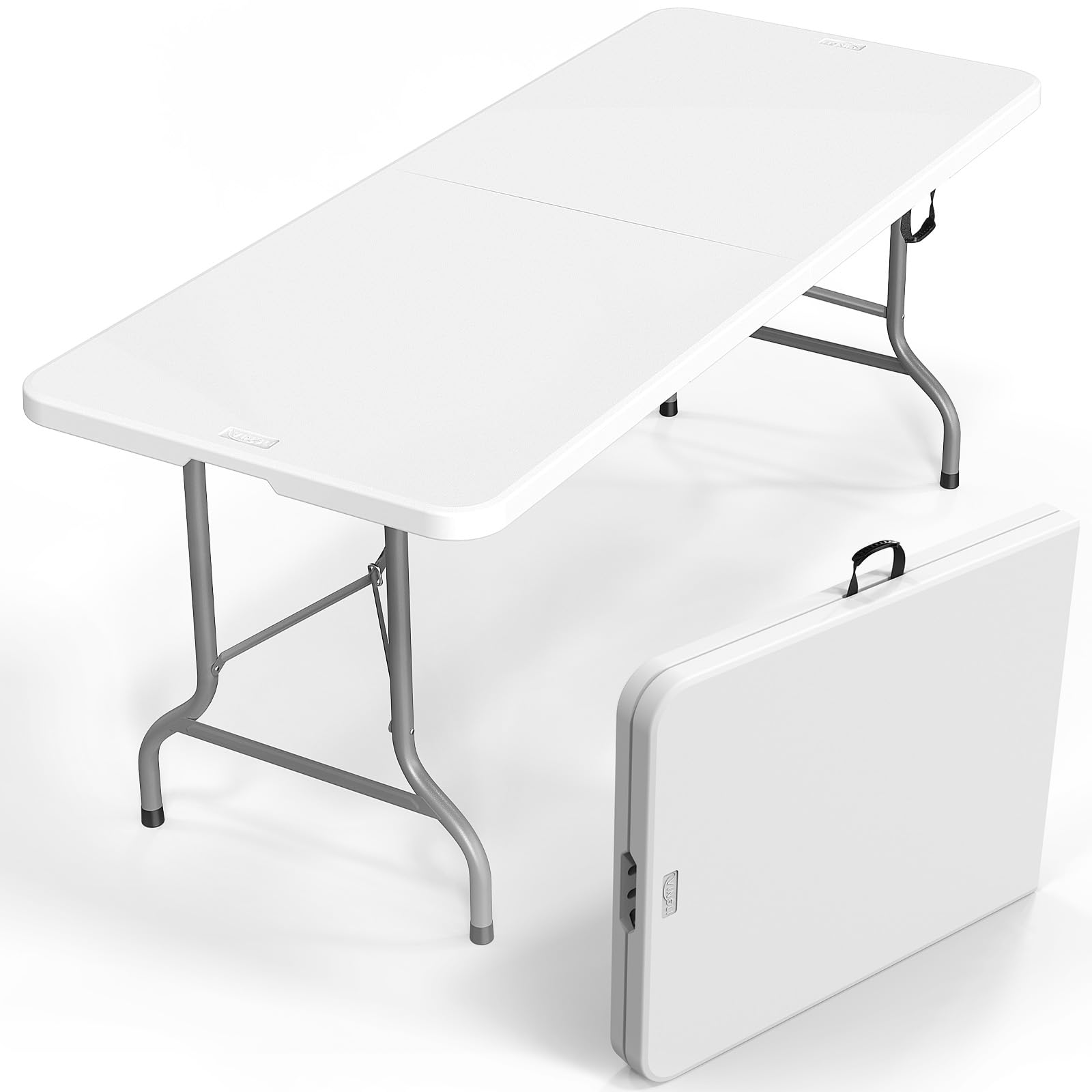 VINGLI 6 Foot Plastic Folding Table Portable Long Table for Indoor Outdoor Use Rectangular with Carrying Handle, Smooth HDPE Tab