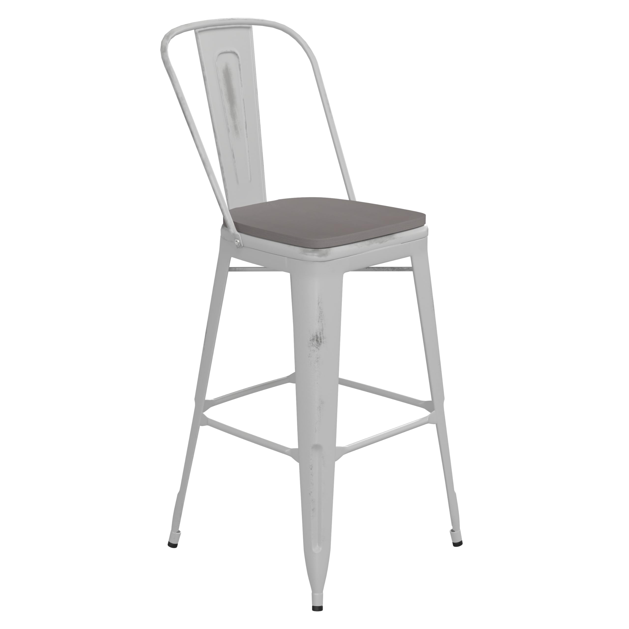 Flash Furniture Carly Commercial Grade 30 High White Metal Indoor-Outdoor Bar Height Stool with Back and Gray Polystyrene Seat