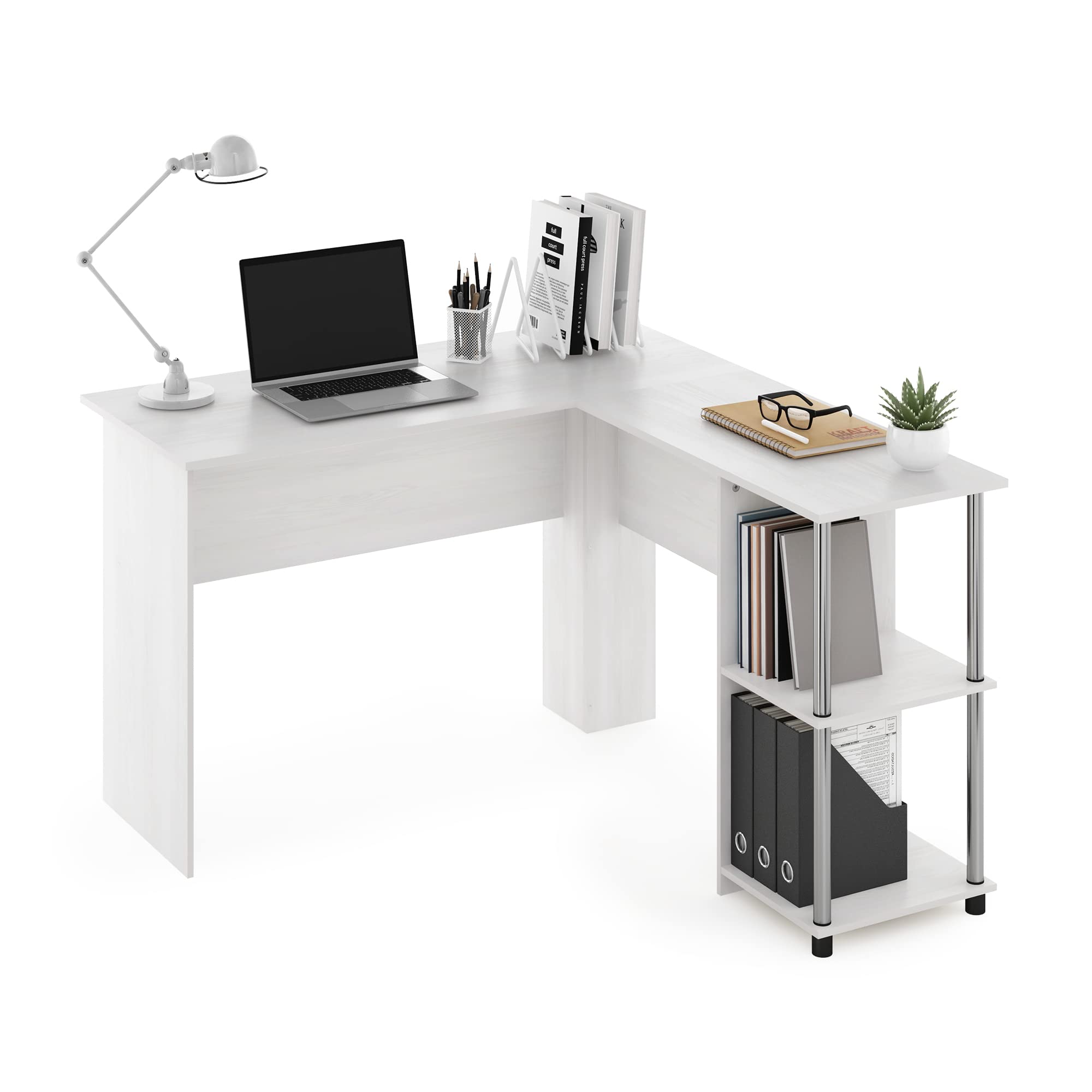 Furinno Abbott L-Shape Computer Desk with Stainless Steel Tubes Bookshelf, White Oak/Chrome