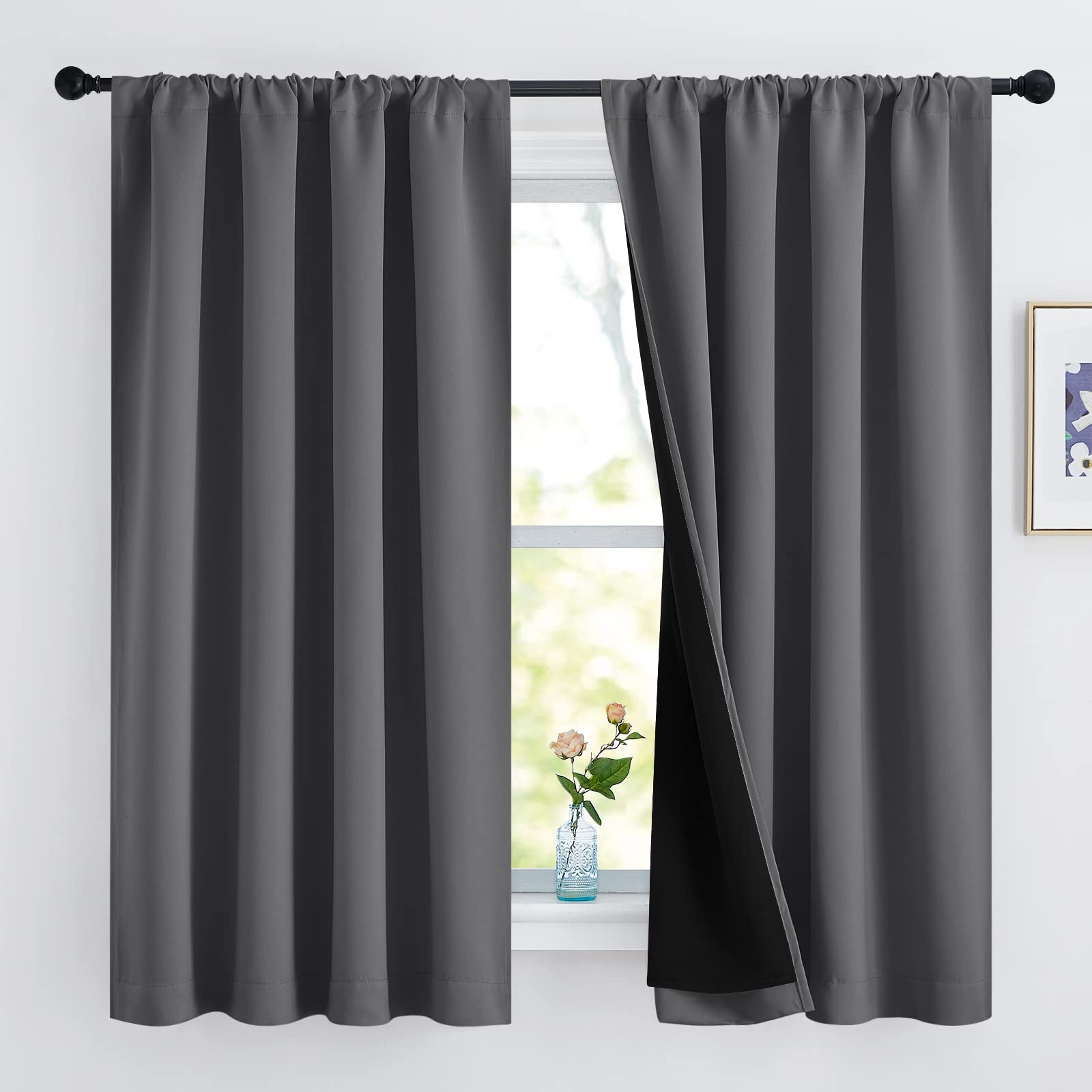 NICETOWN 100% Blackout Cold Blocking Curtains 63 inches Long, Soft Thermal Insulated Rod Pocket 2-Layer Lined Drapes, Energy Eff