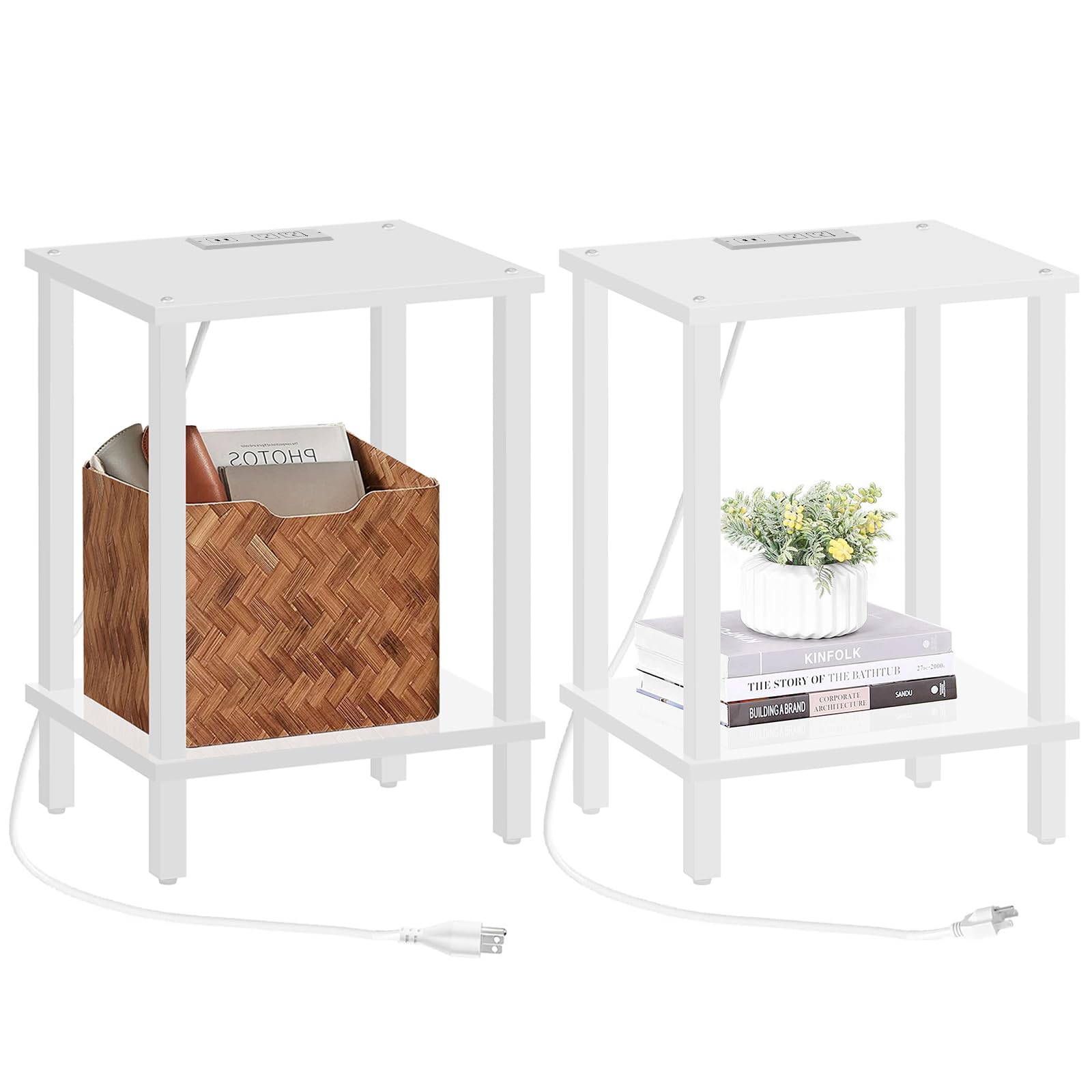 TUTOTAK End Table with Charging Station, Set of 2, Side Table with USB Ports and Outlets, Nightstand, 2-Tier Storage Shelf, Sofa
