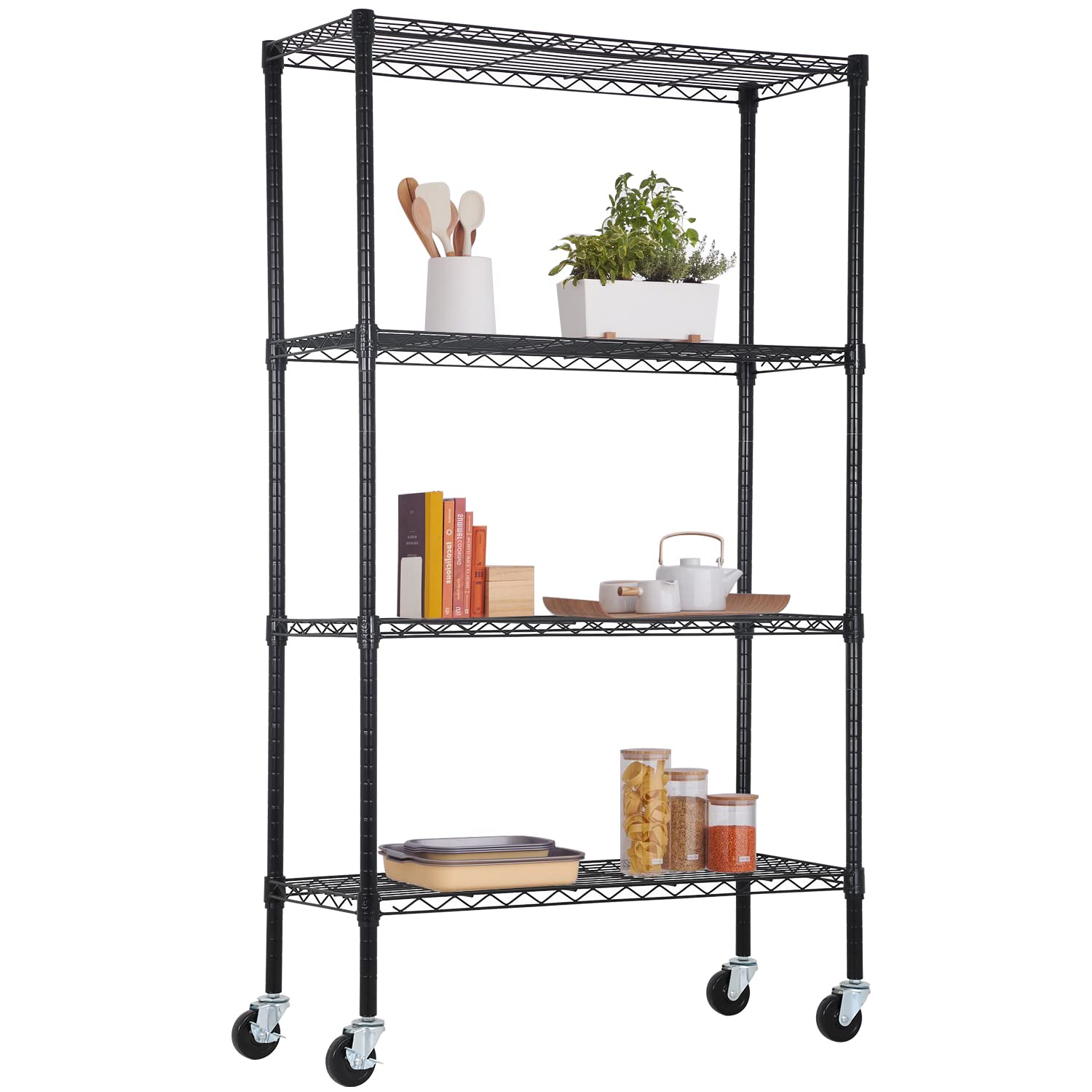 FDW Wire Shelving Storage Shelves 4-Shelf Adjustable NSF Wire Shelf Heavy Duty Storage Shelving Unit on 3    Wheel Casters Comme