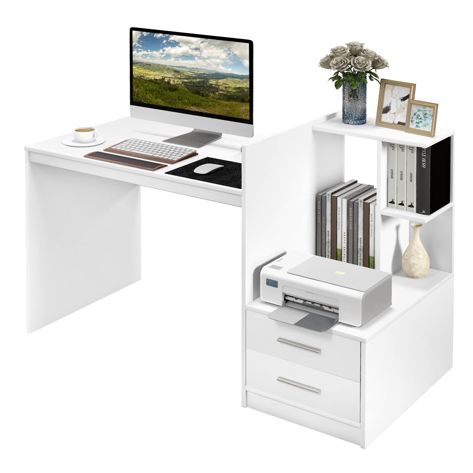 Tangkula White Desk with 2 Storage Drawers & Bookshelf, Home Office Desk with Corner Bookshelf & Printer Stand, Small Writing St