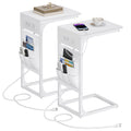 TUTOTAK C Shaped End Table with Charging Station, Side Table for Sofa, Couch Table with Storage Bag, Set of 2, TV Tray Table wit