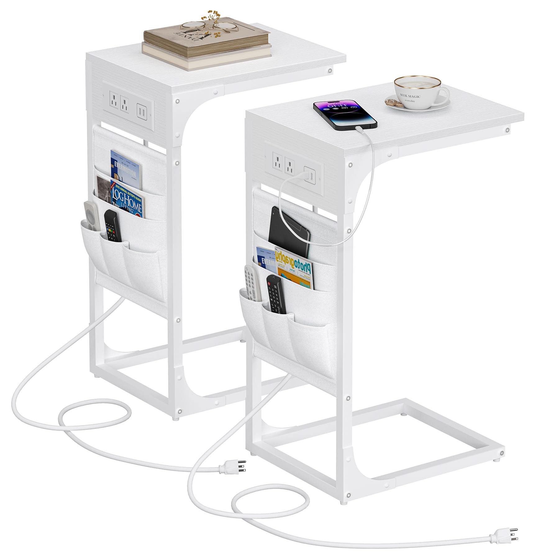 TUTOTAK C Shaped End Table with Charging Station, Side Table for Sofa, Couch Table with Storage Bag, Set of 2, TV Tray Table wit