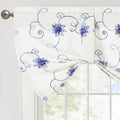 VOGOL Adjustable Tie-Up Valance Curtain - Blue Floral Embroidered Rod Pocket Window Treatment for Kitchen, Bathroom, Cafe, 52x18