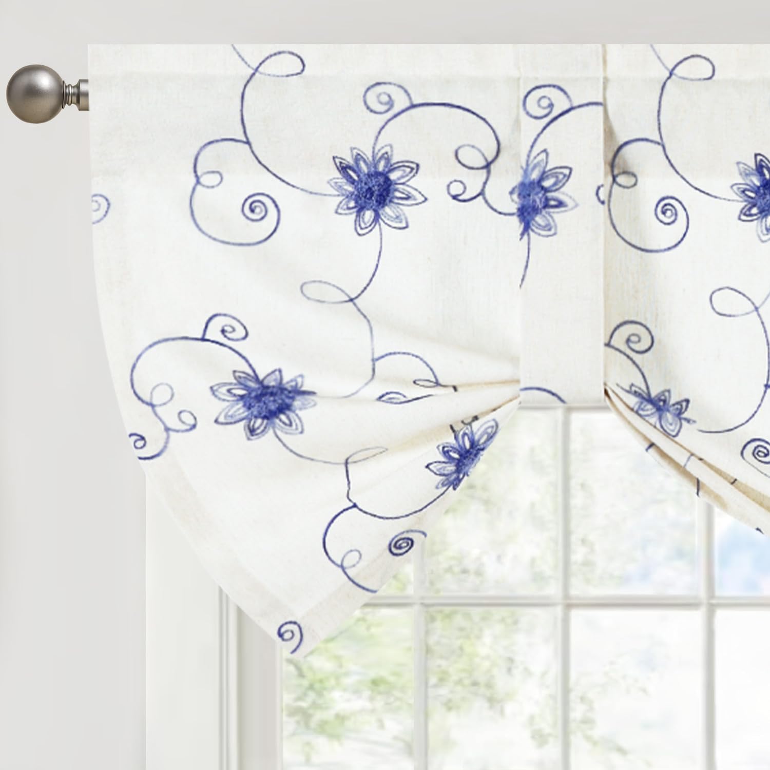 VOGOL Adjustable Tie-Up Valance Curtain - Blue Floral Embroidered Rod Pocket Window Treatment for Kitchen, Bathroom, Cafe, 52x18