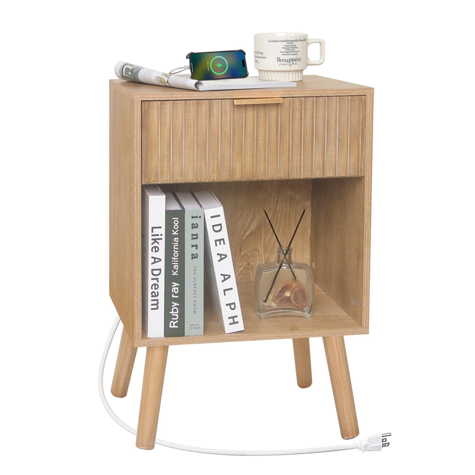 Fultyle Wood Nightstand with Charging Station, Bedside Table with Fluted Drawers and Outlet, Boho Night Stand for Bedroom, Livin