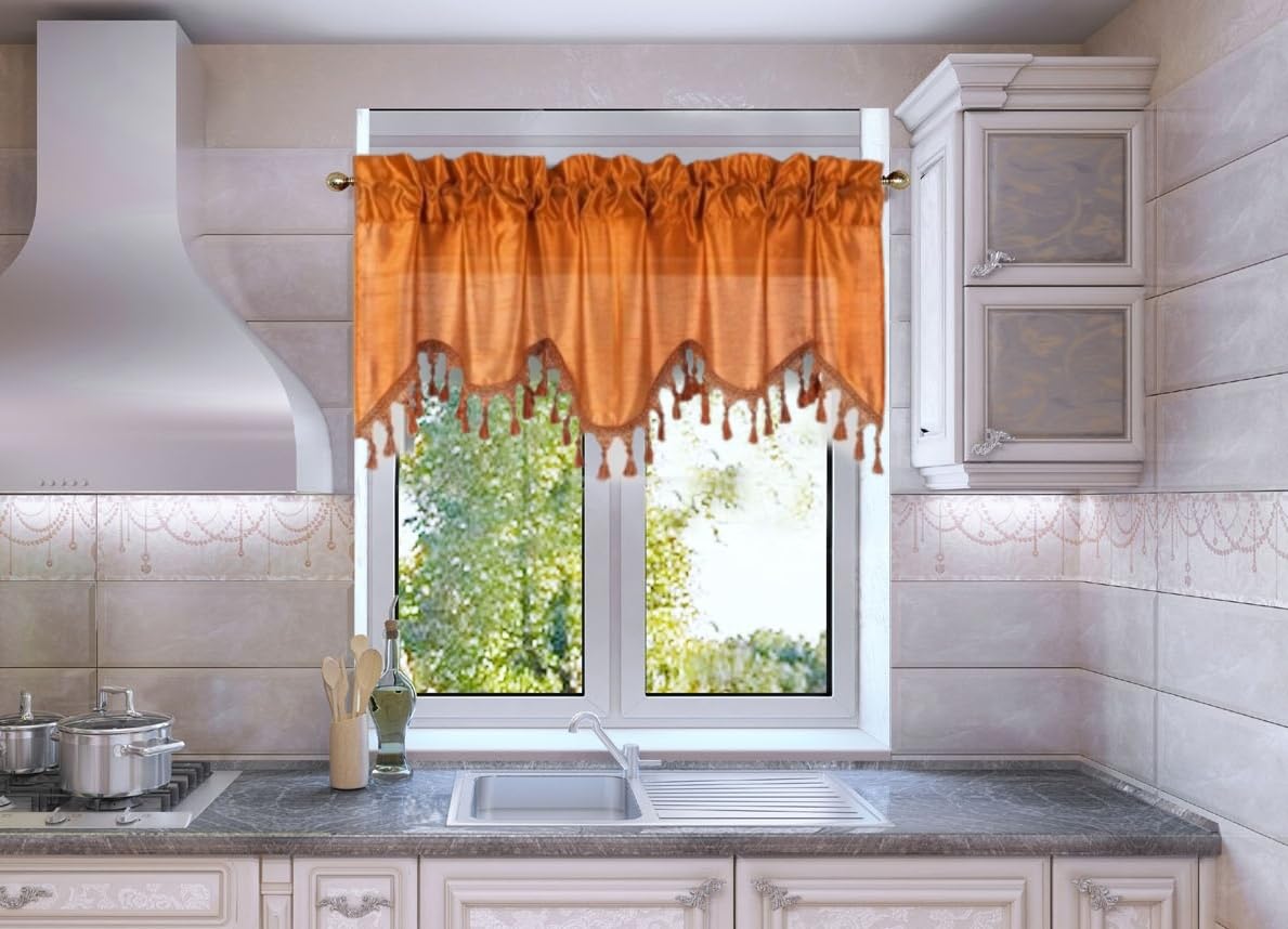 Solid Faux Silk Swag Waterfall Cascade Ascot Window Curtain Valance w/Tassels Trim 55  x18  Wave (1, Orange)