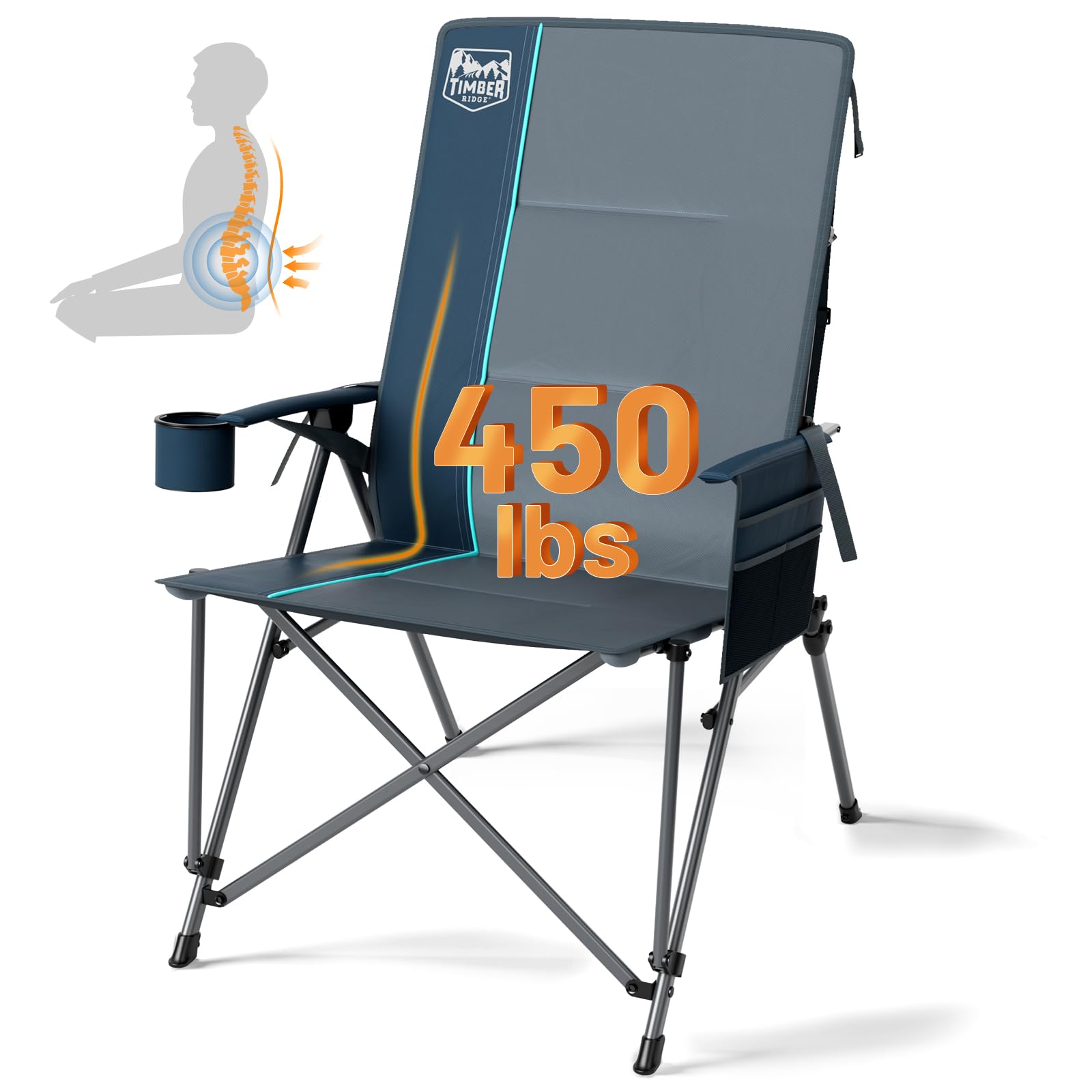 TIMBER RIDGE Oversized Camping Chair with Lumbar Support, Portable Folding Chair Heavy Duty for Adults Supports 450 LBS for Outd