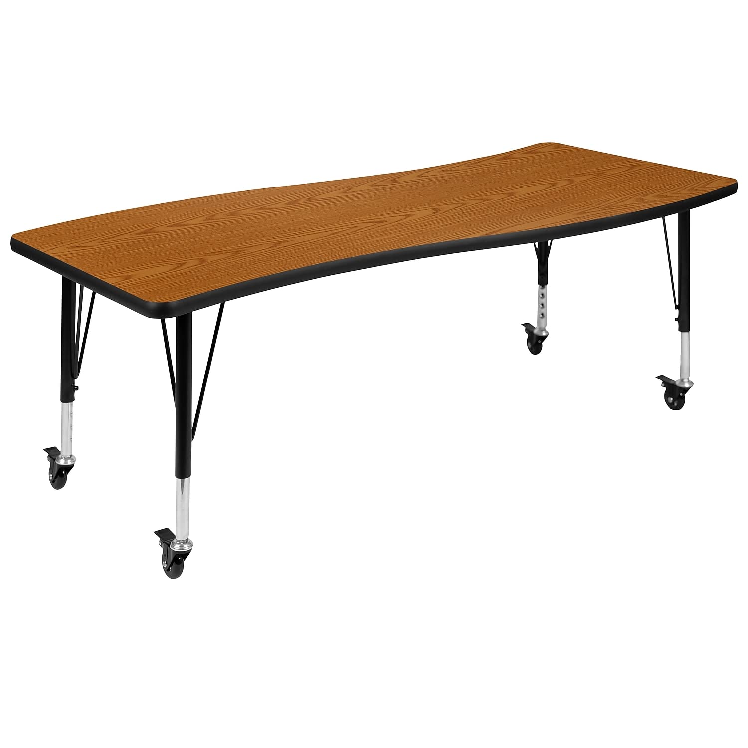 Flash Furniture Mobile 26W x 60L Rectangular Wave Collaborative Oak Thermal Laminate Activity Table - Height Adjustable Short Le