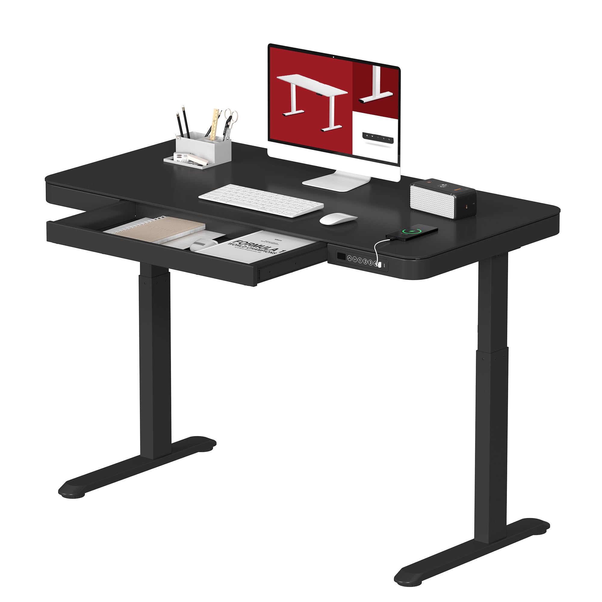Standing Desk with Drawer, Electric Height Adjustable Home Office Desk with Storage & USB Ports, 48 inch Black Wood Tabletop/Whi