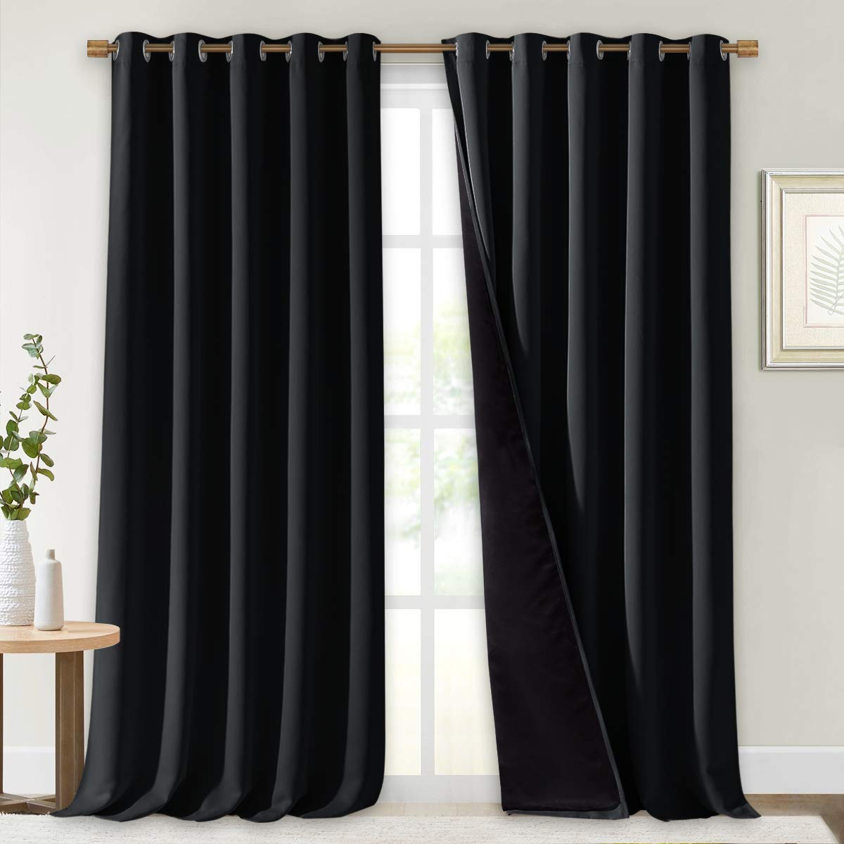 NICETOWN Cold Blocking 100% Blackout Curtains, Durable Black Lined Blackout Curtains for Bedroom, Energy Saving Long Curtains fo