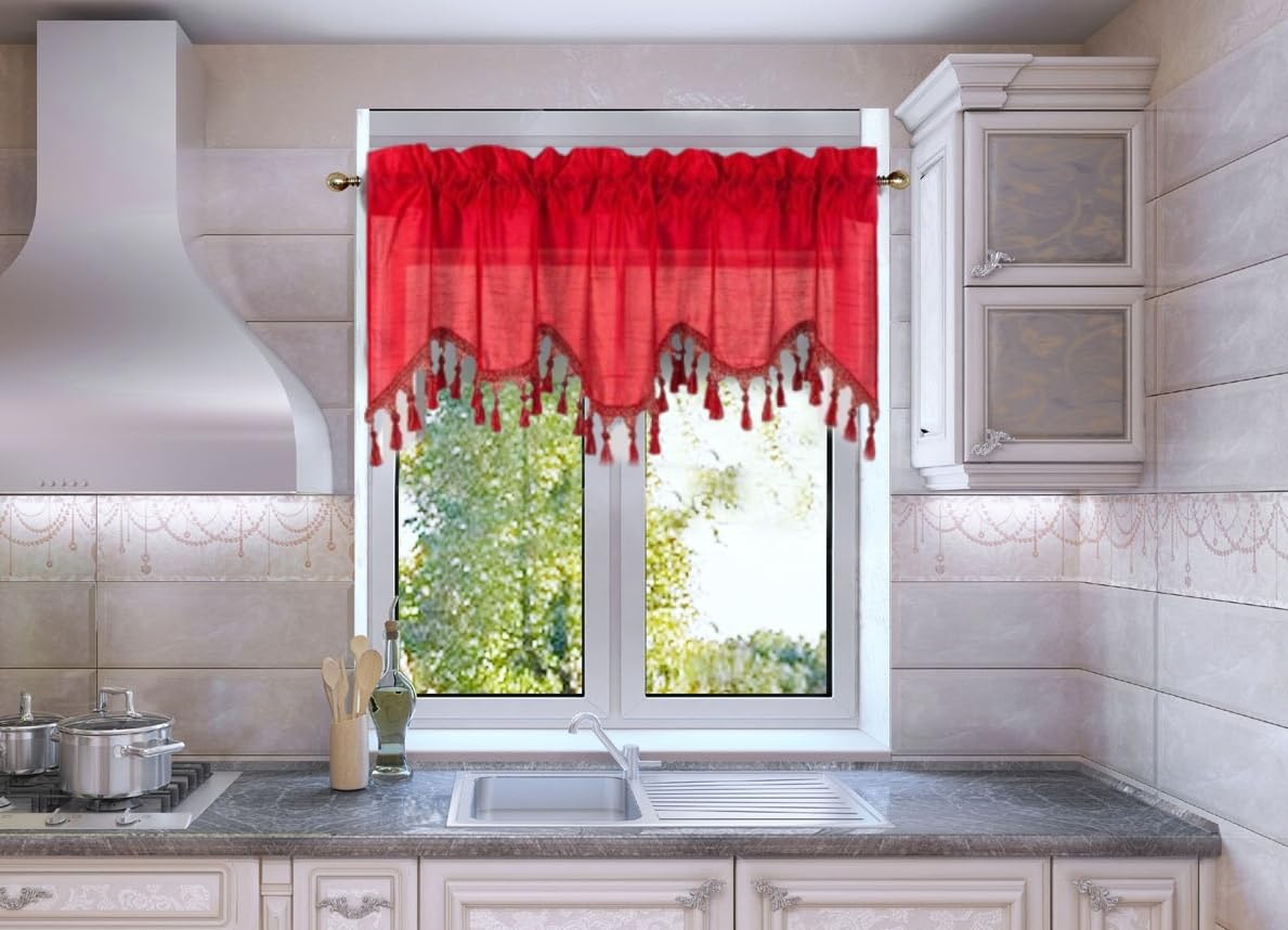 Solid Faux Silk Swag Waterfall Cascade Ascot Window Curtain Valance w/Tassels Trim 55  x18  Wave (1, RED)