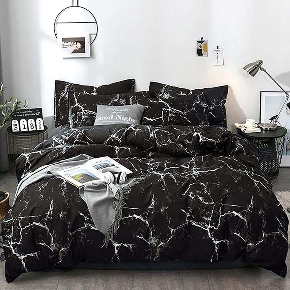 karever Black Marble Comforter Set Full/Queen White Texture Bedding Reversible Teen Boy Men Full Size Soft Lightweight Quilt Set