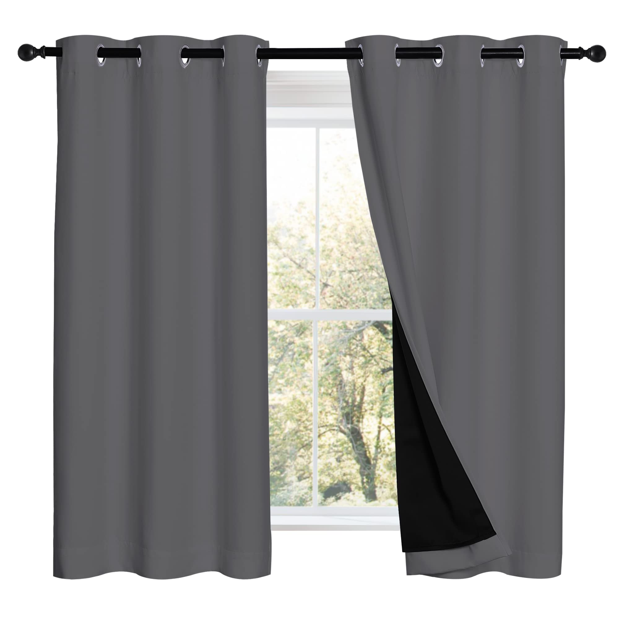 NICETOWN Grey 100% Blackout Curtains 2 Panels with Black Liners, Thermal Insulated Full Blackout 2-Layer Lined Drapes, Noise Can