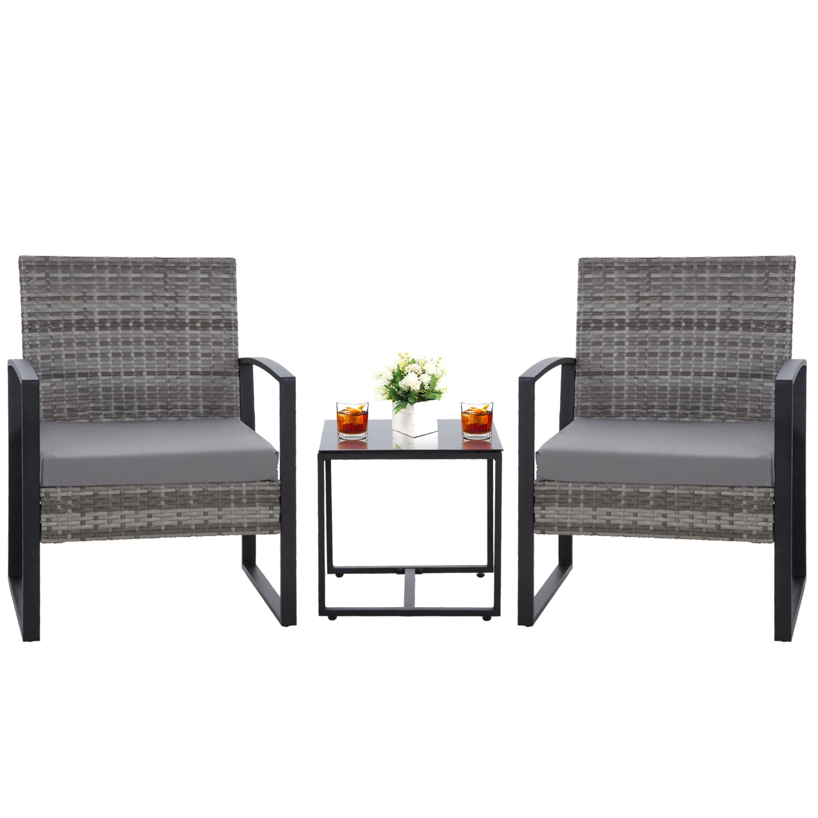 HYDRAGARDEN 3PCS Patio Furniture Set, Outdoor Wicker Bistro Conversation Set with Padded Cushions & Glass Table, Garden Rattan C