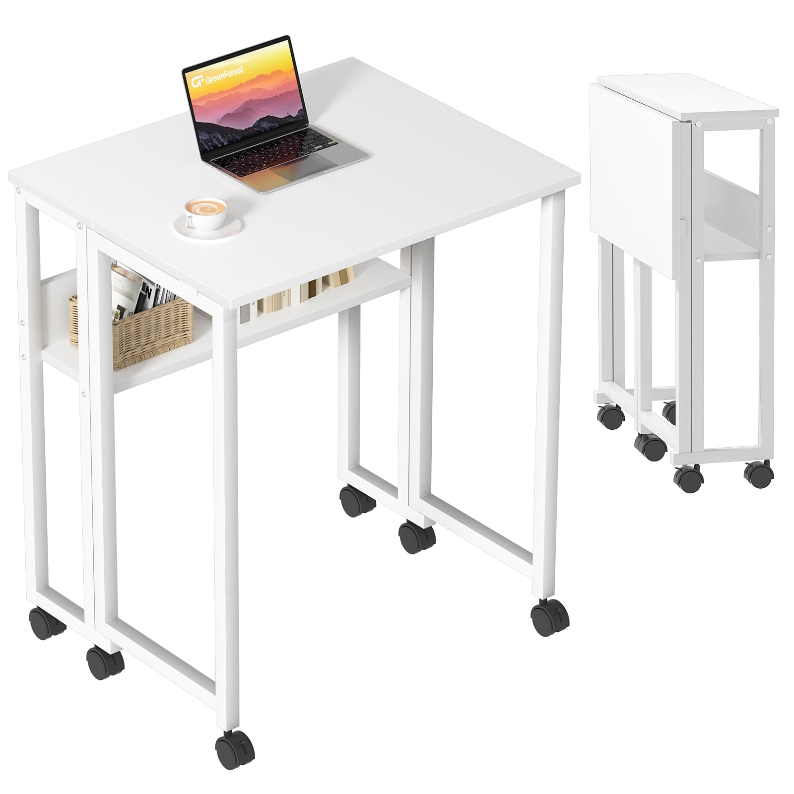 GreenForest Folding Desk White Desk with Storage Shelf,31.5 inch Foldable Computer Desk with Wheels Small Desk for Small Space,E