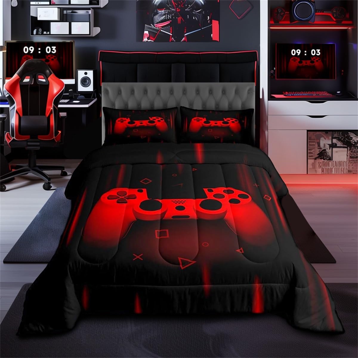 Feelyou Queen Comforter Set for Boys Gamer Bedding Set for Boys Kids Gaming Comforter Red Black Teen Child Gamer Room Decor Soft