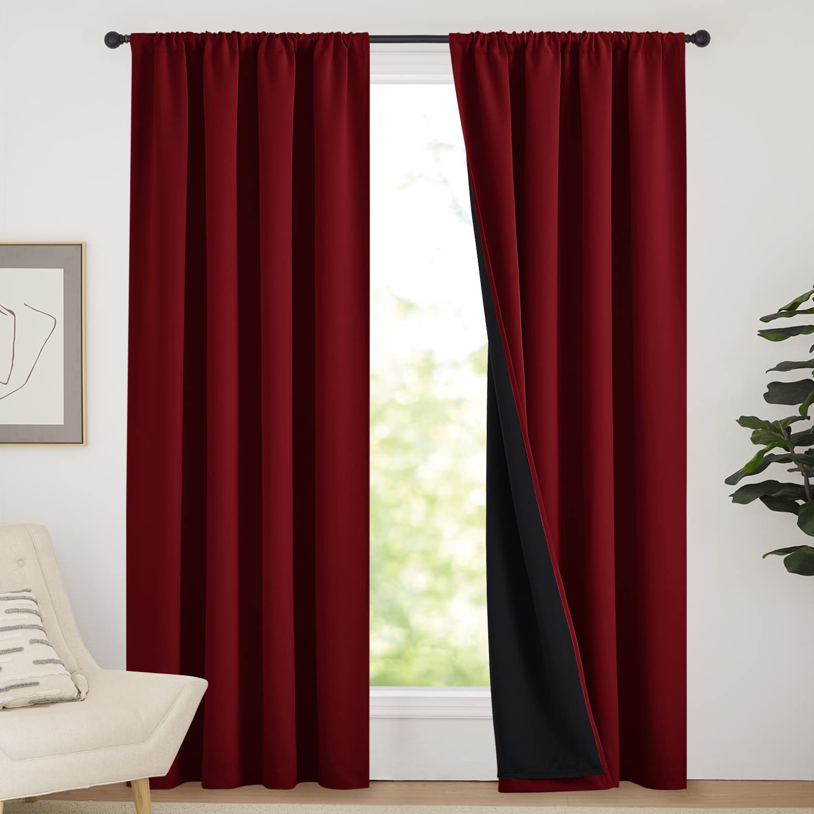 NICETOWN 100% Blackout Curtains with Black Liner Backing, Thermal Insulated Panels for Living Room, Noise Reducing Drapes, Burgu