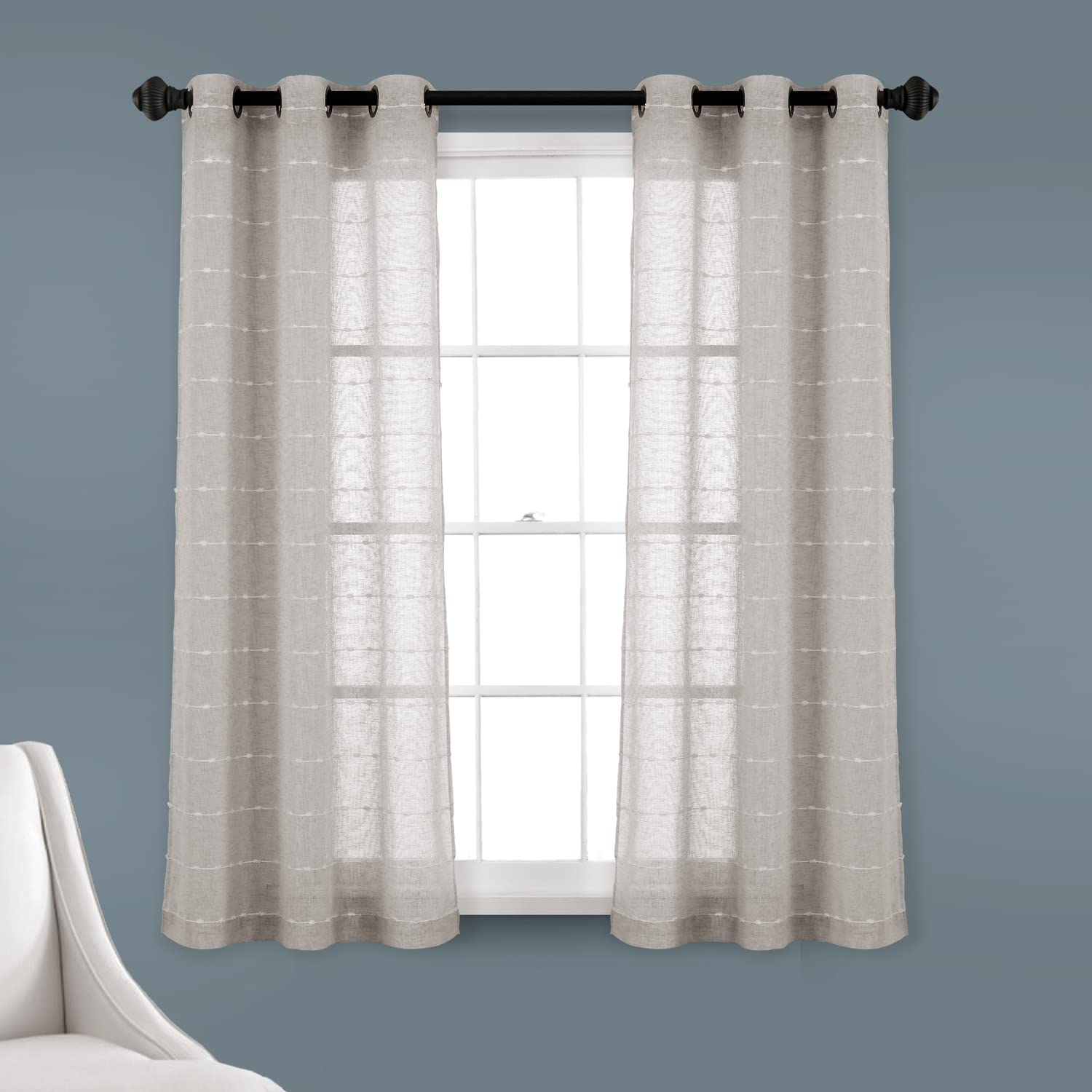 Lush Decor Farmhouse Textured Grommet Sheer Window Curtain Panel Pair, 38W x 63L, Gray