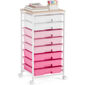 Rolling Cart with Drawers, Pink Cart with 8 Plastic Drawer Storage and Wooden Tabletop, Craft Storage, Teacher Cart, Storage Car
